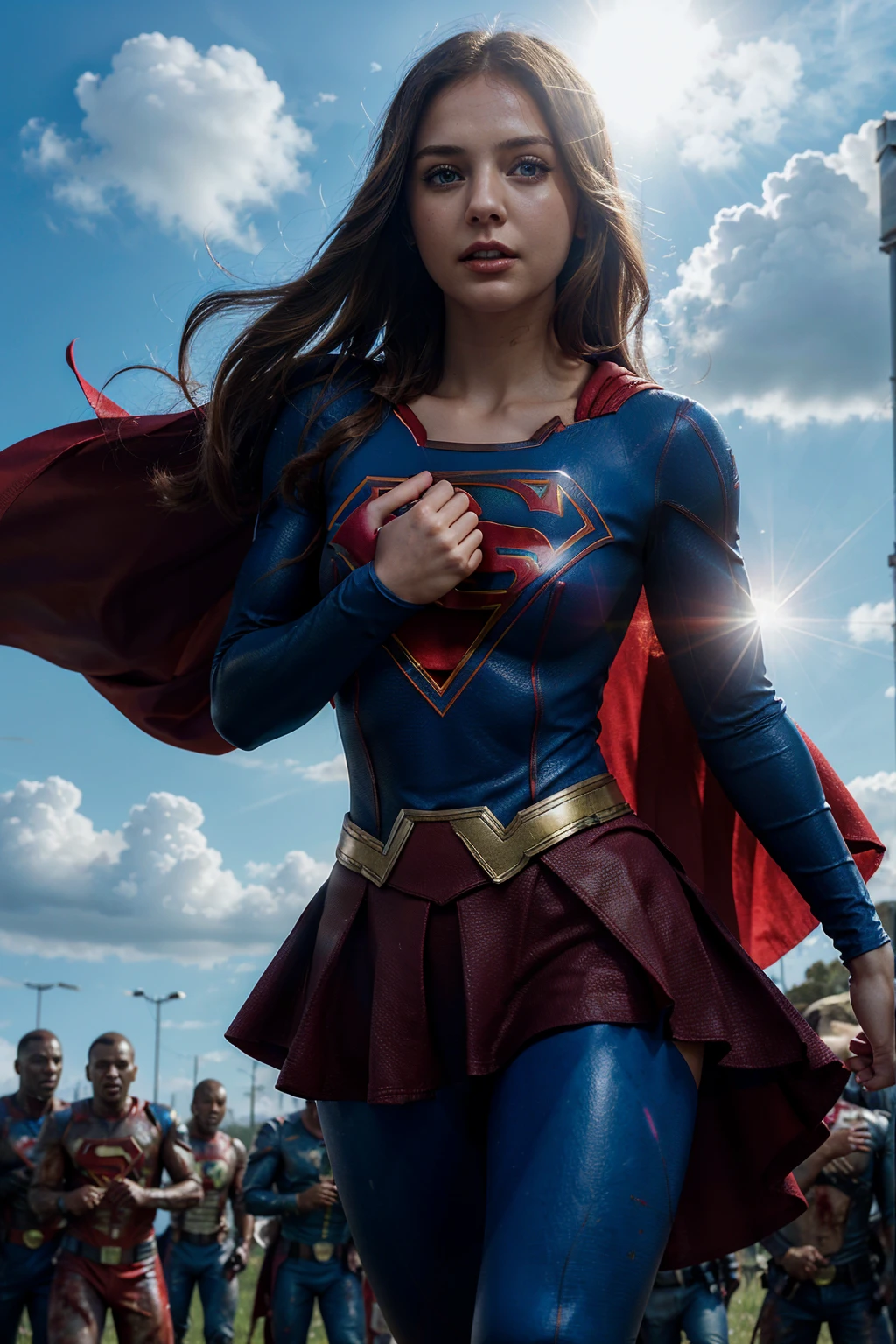 Supergirl flying through the air, surrounded by a horde of zombies. The scene is set in a bright and sunny sky, with a few clouds in the background. Supergirl is in a dynamic pose, her eyes glowing with heat vision as she blasts the zombies away. The color scheme is bright and vibrant, with Supergirl's blue and red costume contrasting with the white clouds. The image is rendered in a hyper-realistic style, with every detail of Supergirl's costume and the zombies' bodies rendered in stunning clarity.