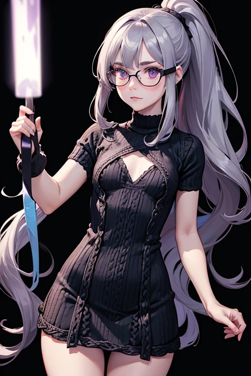Detailed,8K, detailed shadow, Black background, Cute Girl, pale skin, , Narrow waist, flat chest, Small breasts, Purple eyes, embarrassed, Gray hair, absurdly long hair, Wavy Hair, Ponytail, (Knitted mini dress that kills virgins:1.3), eye glasses,