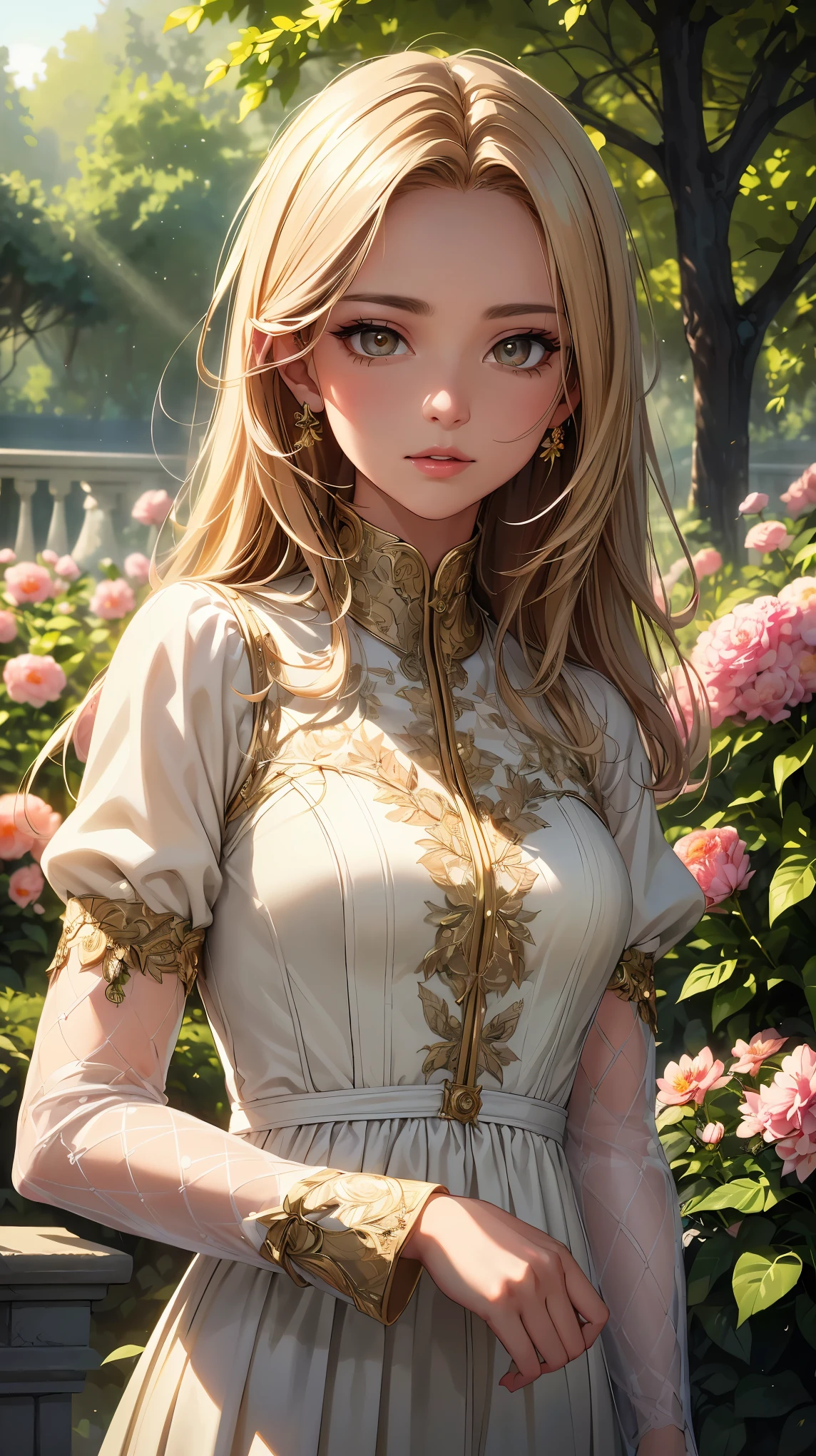 (8k, surreal,最high quality, high quality, High resolution, high quality texture, masterpiece:1.2, Detailed CG,detailed texture, unreal engine), (small face, realistic expression), (high detail skin:1.2), one woman, With bright colors and mesmerizing effects、((A girl experiencing Tyndall patterns that blend seamlessly with her surroundings, elegant dress)), ((Tyndall Effect:1.5, Sunlight through the trees)), beautiful detailed eyes, fascinating dense lips, delicate features, surreal and dream-like atmosphere, digital rendering technology, (((A garden full of blooming flowers, harmonious tranquil background, intricate details))), Unique and captivating composition, bright and vivid hues, a sense of joy and surprise, cinematic lighting, Soft and delicate lighting, gentle shine, Highlights complex Tyndall patterns, The overall atmosphere of the scene,