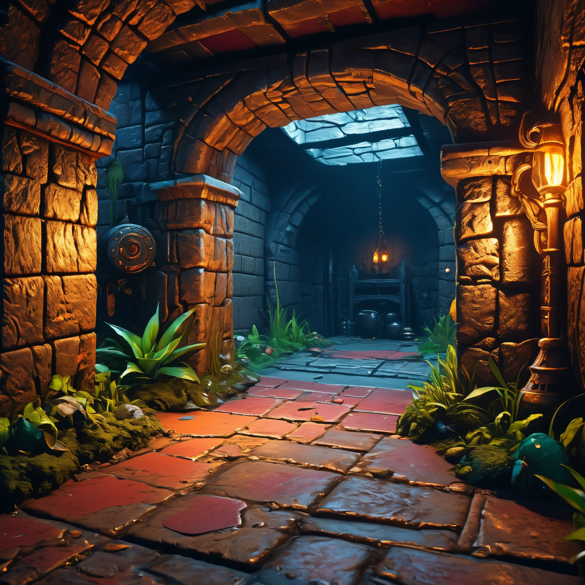 create an image demonstrating the style of ((Dungeoncore)) style, hyper realism, 8k high definition, vibrant colors, sharp focus, insanely detailed