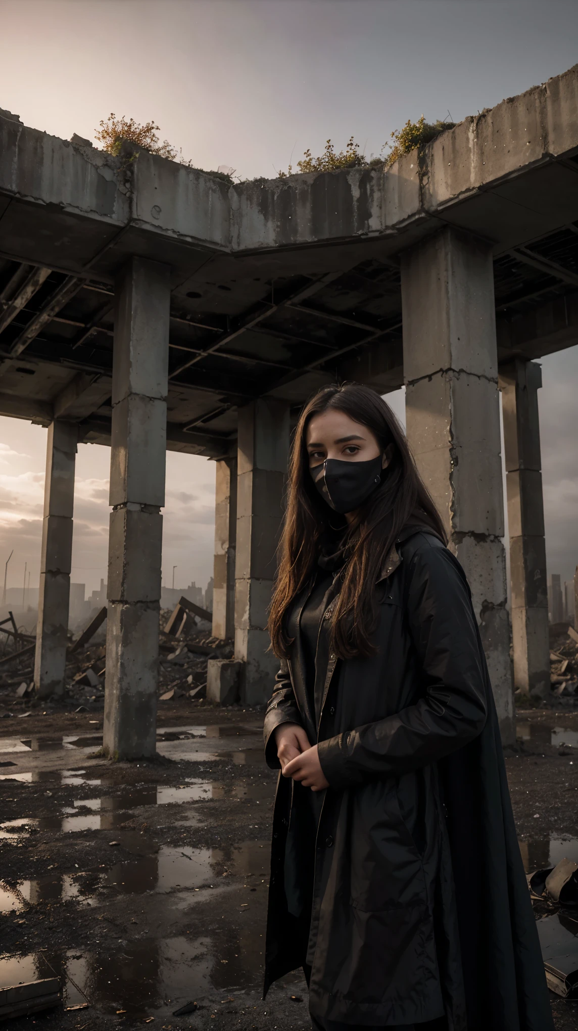 The portrait of a woman in 'Dreamy Dystopia', shrouded against a dusky landscape of smoky quartz desolate ruins, a striking presence standing resilient and full of hope