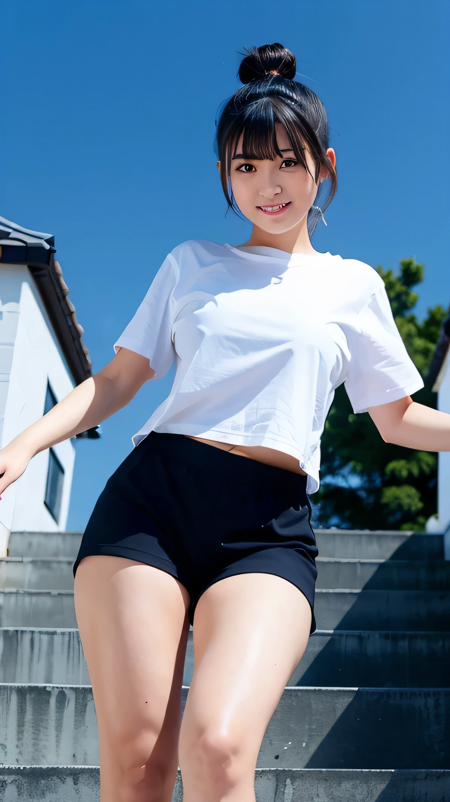 (Highest image quality, Highest image quality, Super A High Definition), (Raw photo, Realism 1.4), Chest pulled together、Fine skin, Fine face, Cute, AKB Girl, Girl in her 20s, Same as, Perfect Skin, thighs thighs thighs thighs, Medium Hair, Perfect, Brown hair, Brown eyes, Whole body, Sit on the steps of the footbridge、hugging own legs、Legs hugging themselves、I can see the panties.、((Tank Tops)), ((Ultra Mini Pleated Skirt))、pantie shot、Bright sunlight, Smile、Bokeh background、Wet tank top、arms folded、bra very