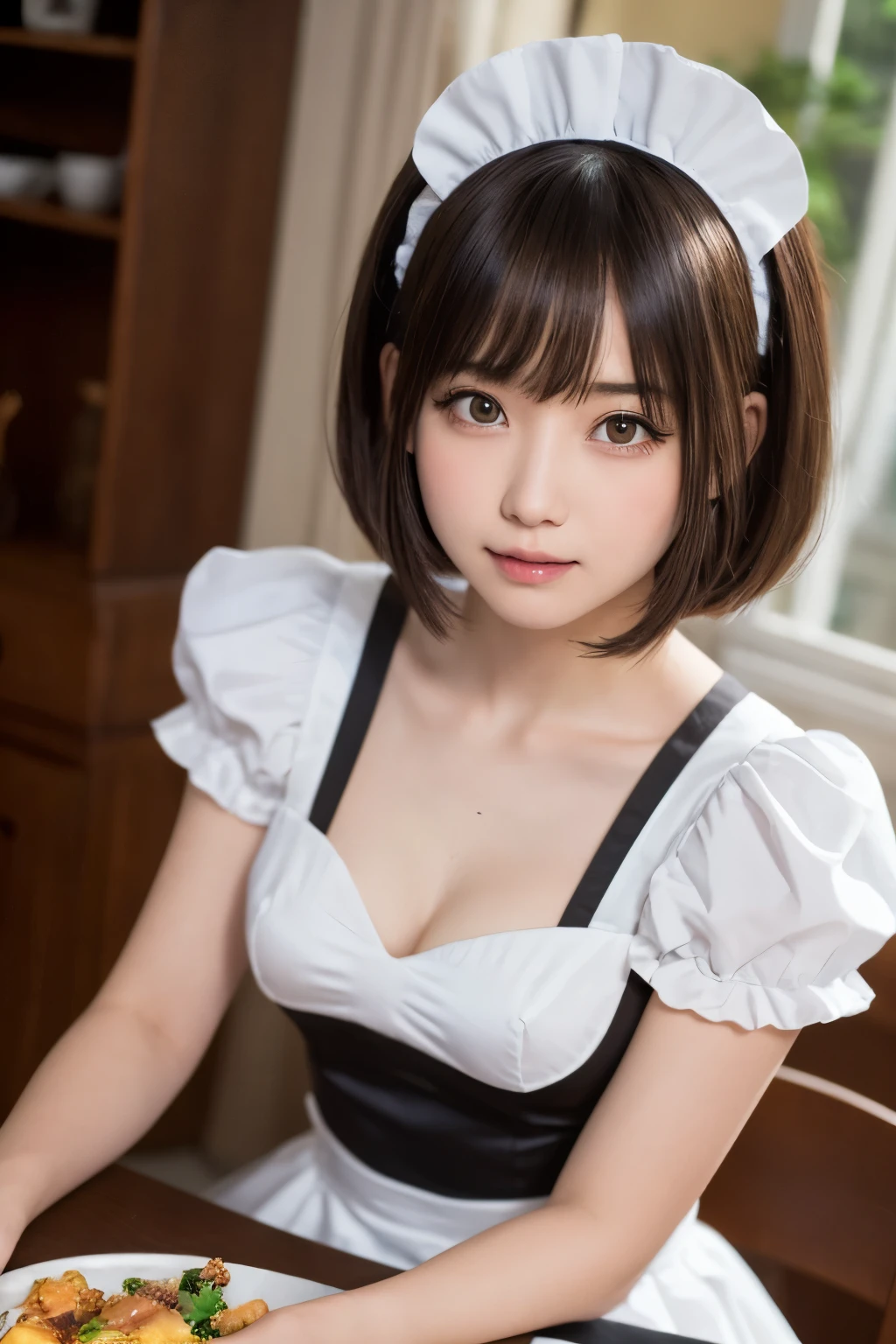 table top, highest quality, one girl, (beautiful girl:1.3), (:1.2), extremely fine-grained clarity, (symmetrical eyes:1.3), (maid costume, Cute Maid:1.2), beautiful breasts, brown eyes, parted bangs, brown hair