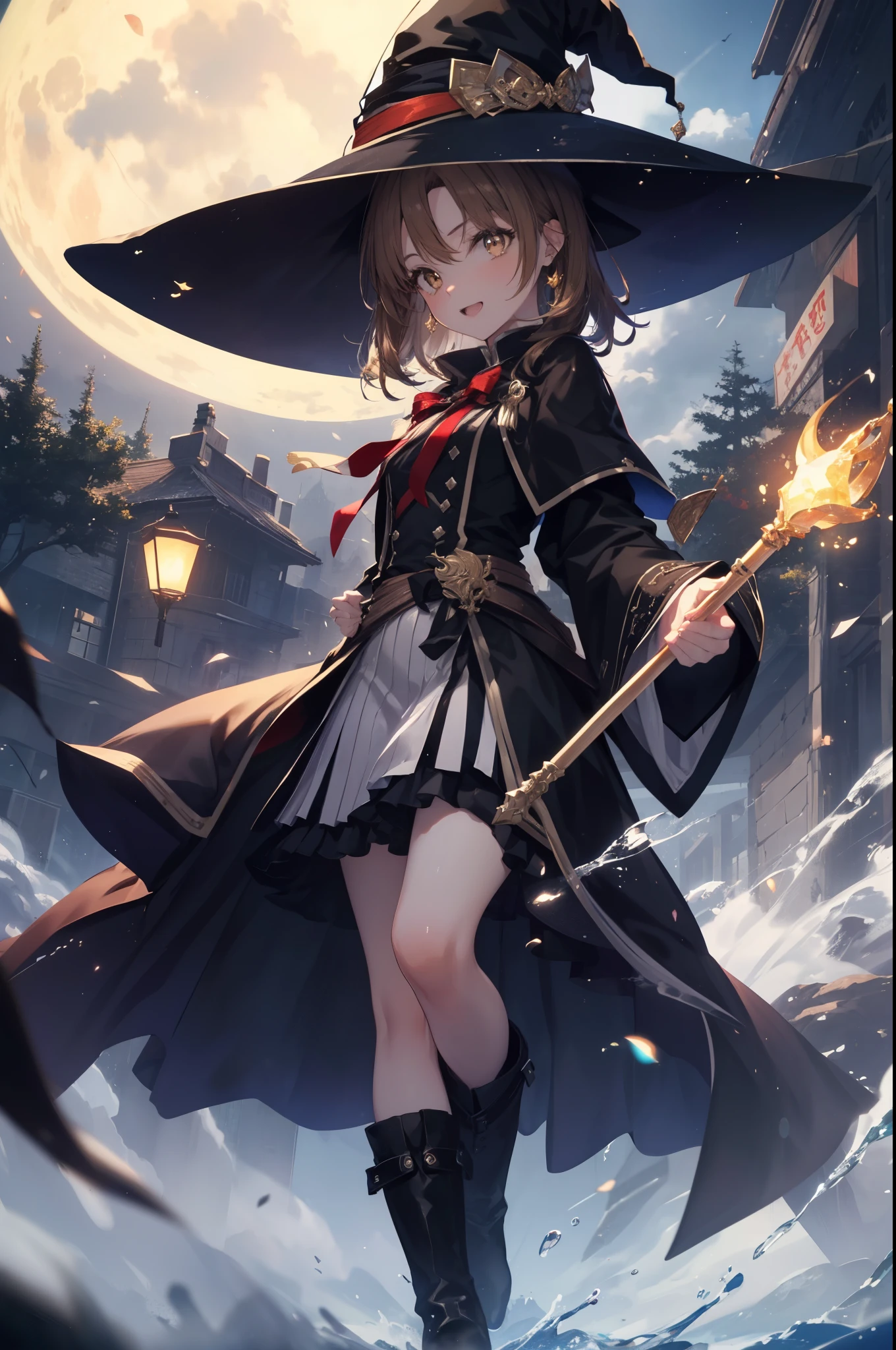 irohaisshiki, iroha isshiki, long hair, brown hair, (brown eyes:1.5), smile,witch hat,Witch Dress,long skirt,short boots,staff 1:1, holding staff 1:1, mouth open,long magic wand 1:magic to have one(thunder)is putting out,ability(thunder,)
"Witch's Covenant": 月明かりに照らされたforestに集まったWitch's Covenantを示す暗くて雰囲気のある画像, Surrounded by swirling mist、Cast spells under the watchful eye of the shining full moon,
break outdoors, forest,
break looking at viewer,
break (masterpiece:1.2), highest quality, High resolution, unity 8k wallpaper, (figure:0.8), (detailed and beautiful eyes:1.6), highly detailed face, perfect lighting, Very detailed CG, (perfect hands, perfect anatomy),