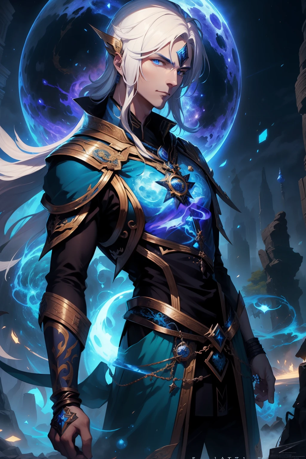 a man with white hair and blue eyes in front of the full moon, Keqing de Genshin Impact, lindo mago celestial, arte casimiro, zhongli do impacto genshin, deus da lua, Astri Lohne, alquimista de fantasia masculino magro, mago masculino magro, artgerm extremamente detalhado, inspirado em Kris de Deltarrune, blue genius