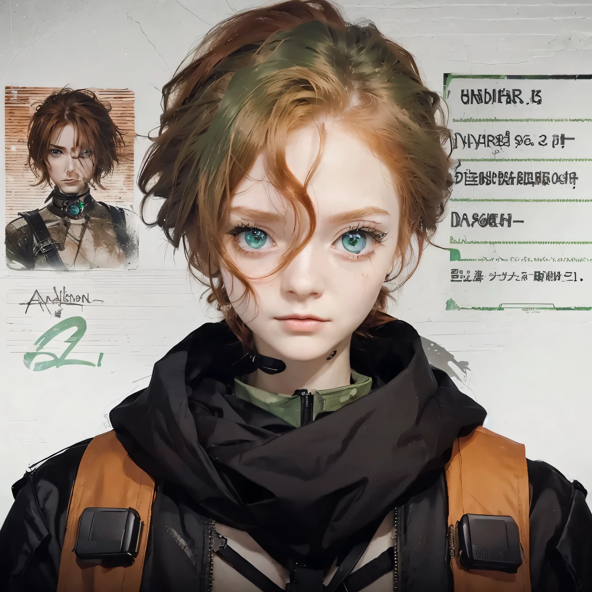 create an open identity passport in a dystopian apocalyptic era of a beautiful red haired anime style 22 years old girl wearing black and brown dystopian survivor clothes, American, she has green eyes.
