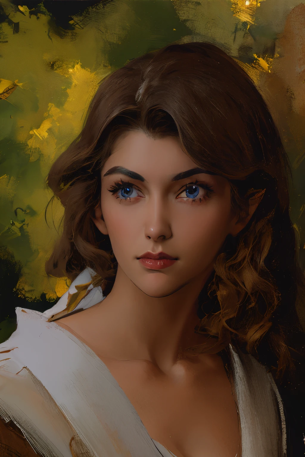 (best quality,4k,8k,highres,masterpiece:1.2),ultra-detailed,(realistic,photorealistic,photo-realistic:1.37),long brown hair,beautiful detailed blue eyes,30-year-old woman,forest background,spring,white dress,half-elf, (oil painting:1.2), 