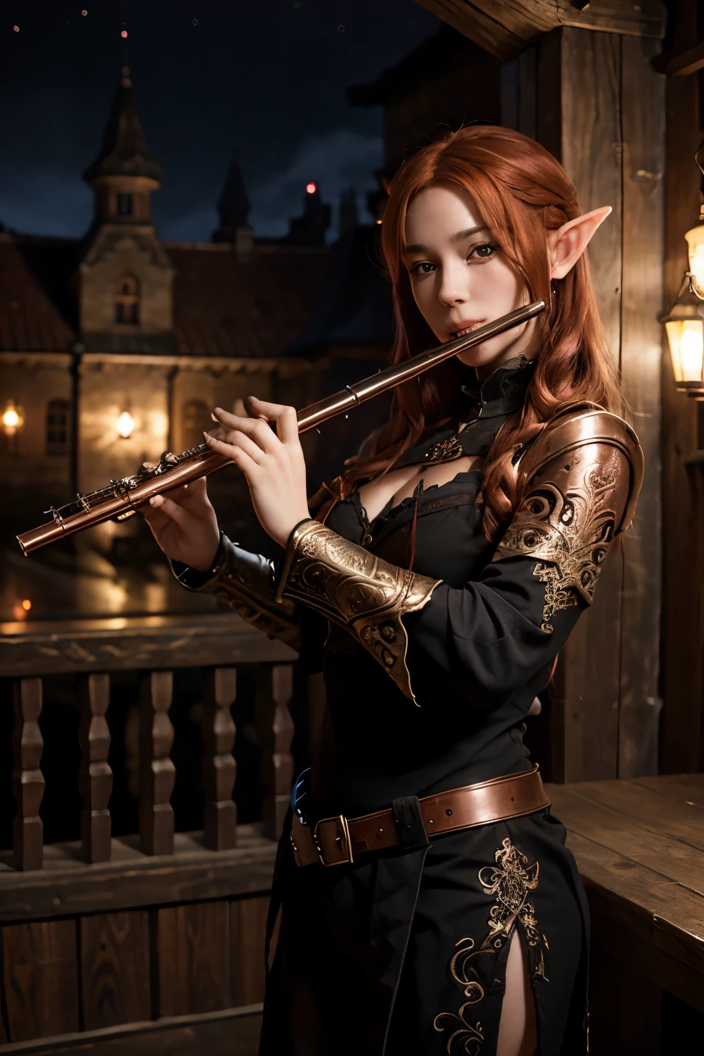 Red-haired girl elf bard, playing flute, copper eyes, ornate black clothing with copper patterns, a medieval tavern in the background, It's night outside the window, detailed face, detailed background, detailed art, 