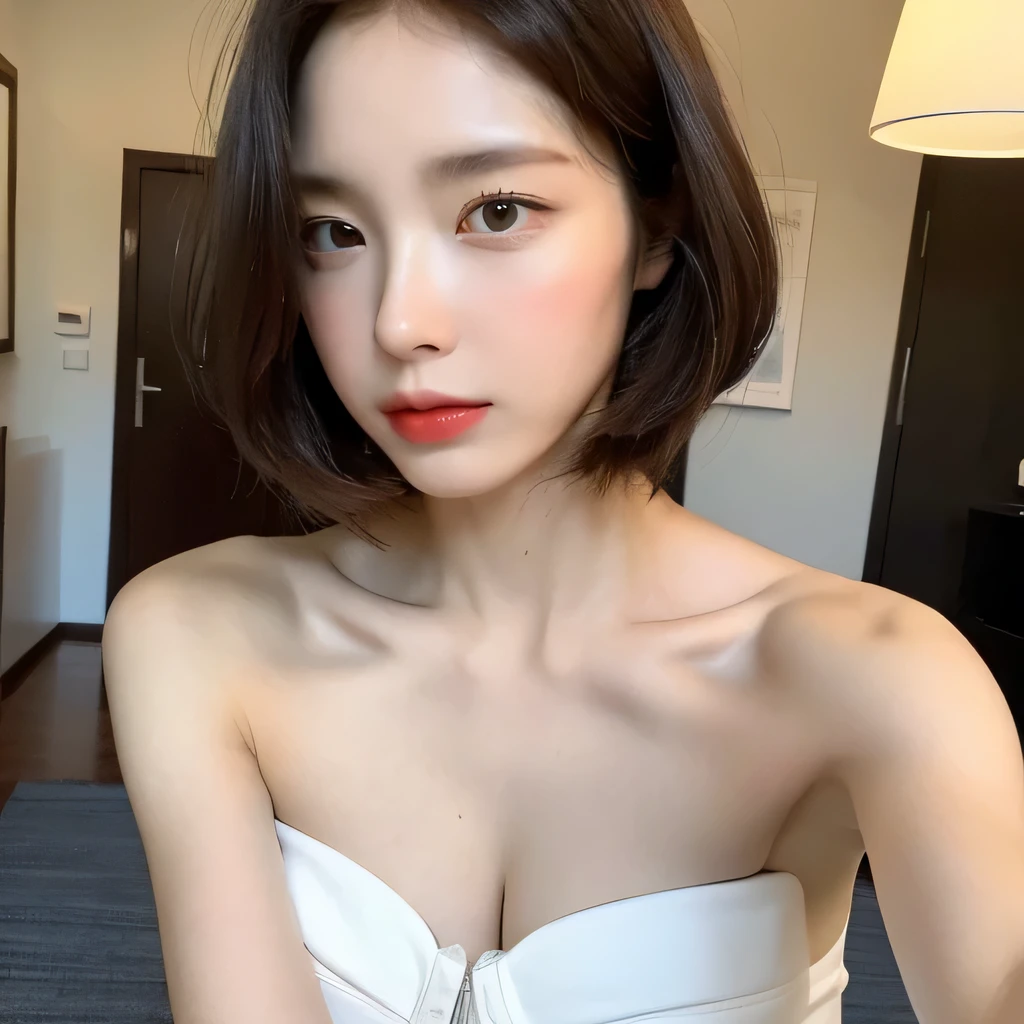 ((highest quality, 8k, masterpiece: 1.3)), sharp focus: 1.2, beautiful woman with perfect figure: 1.4, slim abs: 1.2, (random hairstyle color: 1.2)), (strapless bra white: 1.3), bright room: 1.3, bedroom: 1.2, wet body: 1.1, night、 Highly detailed face and skin texture, fine eyes, double eyelid, big breasts, serious look, Show your collarbone、beautiful clavicle、