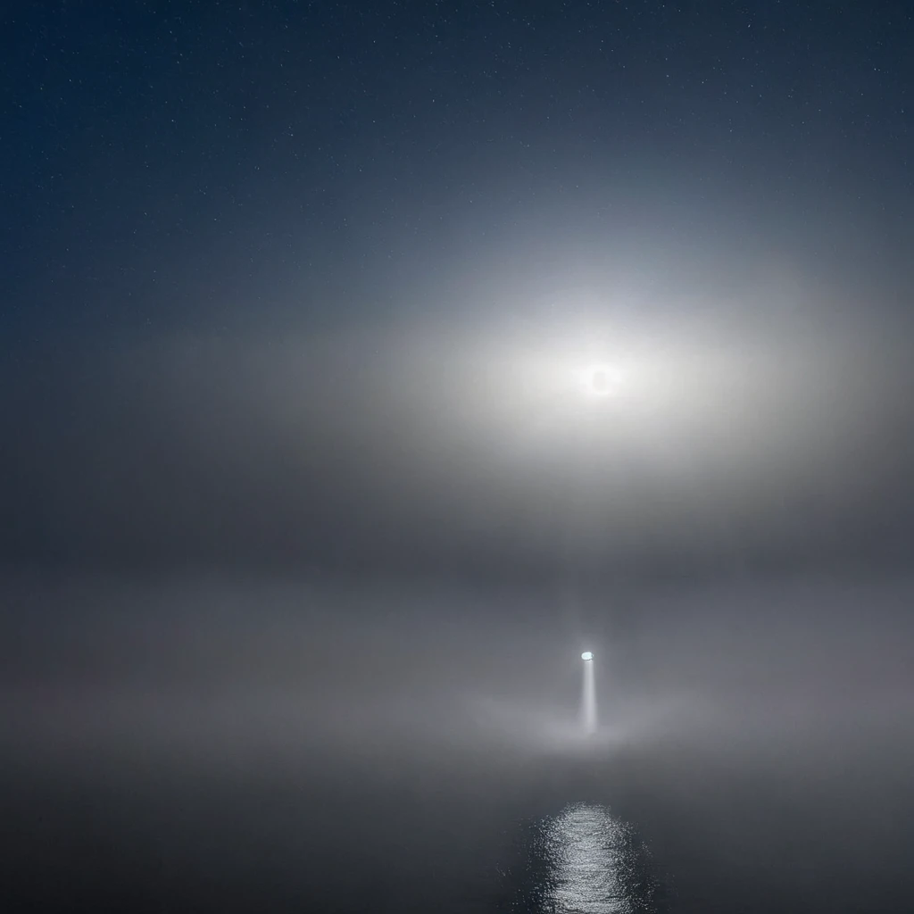 High Resolution, High Quality, Masterpiece. Heavy fog . Night. Almost invisible in the fog, the searchlight shines only one lone ray into the foggy sea. Tyndall Effect. The focus of the photo is on a single expanding ray of light. The winner is 35awards. 32k