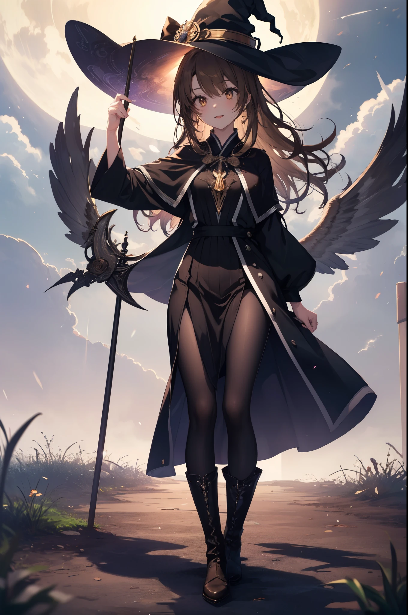 irohaisshiki, iroha isshiki, long hair, brown hair, (brown eyes:1.5), smile,witch hat,Witch Dress,long skirt,short boots,staff 1:1, holding staff 1:1, mouth open,long magic wand 1:magic to have one(thunder)is putting out,ability(thunder,)
"Witch's Covenant": 月明かりに照らされたforestに集まったWitch's Covenantを示す暗くて雰囲気のある画像, Surrounded by swirling mist、Cast spells under the watchful eye of the shining full moon,
break outdoors, forest,
break looking at viewer,
break (masterpiece:1.2), highest quality, High resolution, unity 8k wallpaper, (figure:0.8), (detailed and beautiful eyes:1.6), highly detailed face, perfect lighting, Very detailed CG, (perfect hands, perfect anatomy),