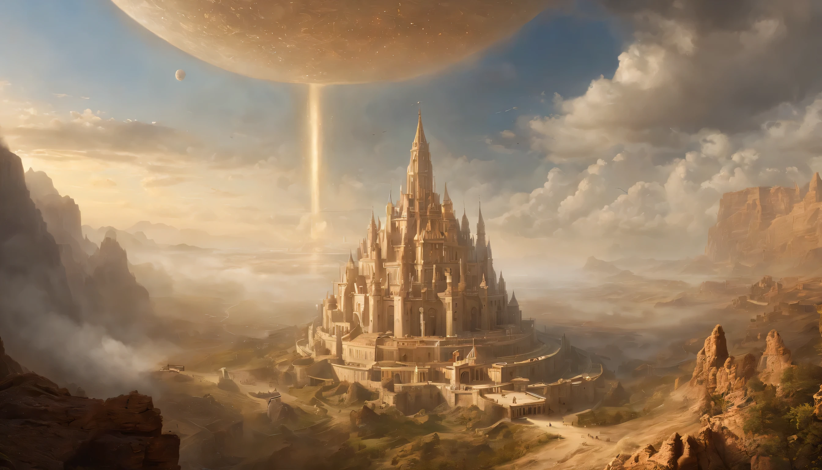 Fantasy Art, ultra wide-shot, Painting, Detailed , deviantart, contest winner, Concept art, , tim hildebrandt, Fantasy, ((((kingdom of heaven)))) , , Night time , , fantastic realism, art stations ,, Style of Adrianus Eversen ,Not aesthetic architecture, Movie Still,Greg Rutkowski, Creates a landscape reminiscent of an Inception movie, A place where reality becomes a labyrinth of changing architecture and gravity-defying landscapes. Embrace the surreal and mind-bending nature of the concept, Create a scene that challenges perception. Using intricate details and dynamic design、Immerse the viewer in a world where the laws of physics are rewritten. Depicts the sense of awe and disorientation evoked by the Inception film.Minced meat
