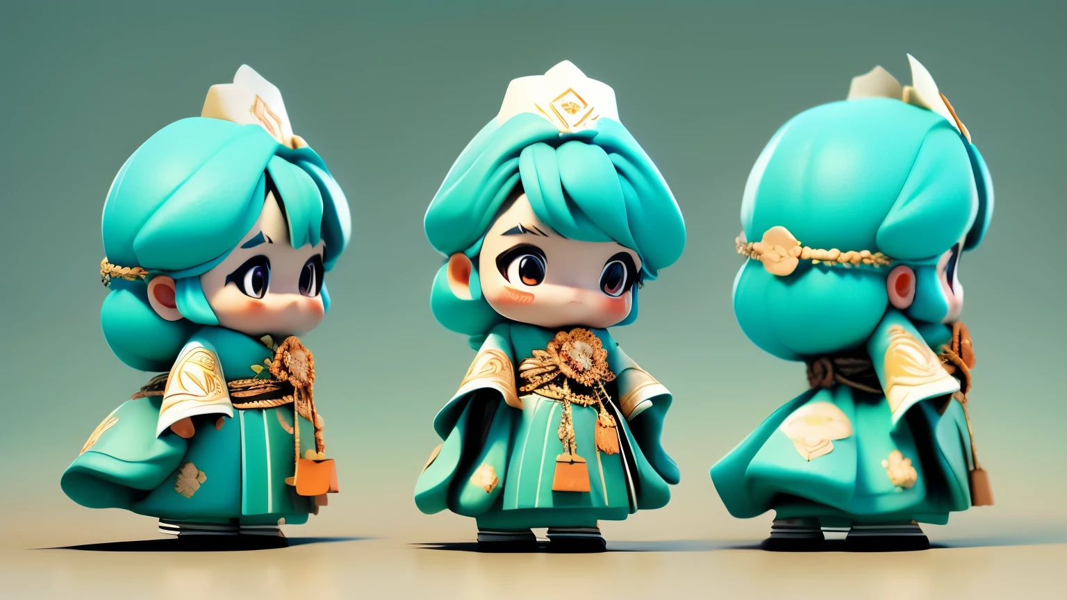 (Best quality, 4k, 8k, highres, masterpiece: 1.2), super detailed, (lifelike, photo-realistic, photo-realistic: 1.37), three views, three heads, China traditional paper-cutting art, beautiful and vivid, lovely mascot dolls, Zhuang traditional costumes, Guangxi March 3rd Festival, cultural festival, cheerful atmosphere, holiday decoration, Dong traditional inspiration. Game characters, character settings, game characters, cartoons, toys, game art, CG illustration, digital art, three views, dark blue costumes.Chinese style，Chinese ethnic minority costumes
