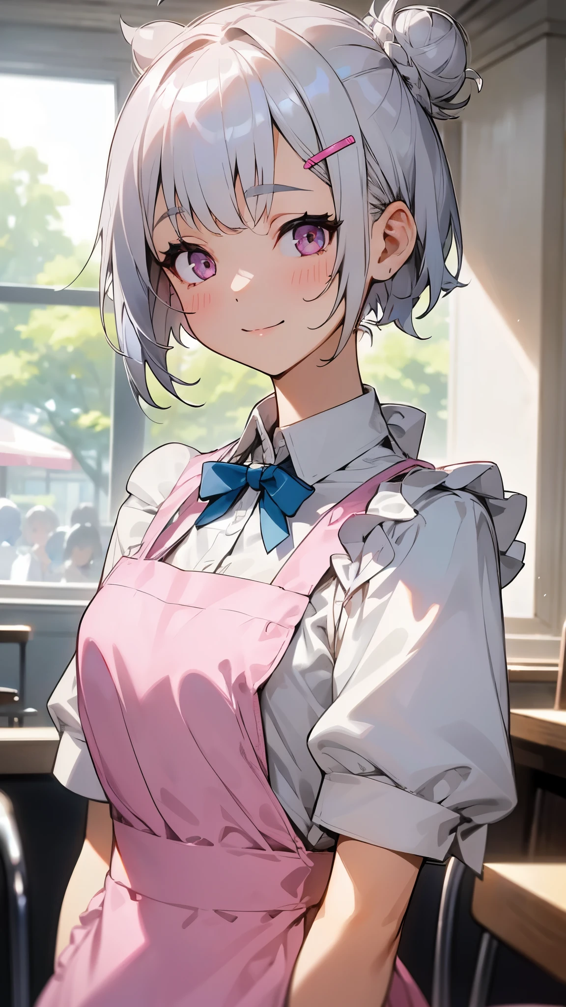 1 girl、white blouse、blue skirt、upper body up、Short hairstyles for silver hair and bob、Hair tied up in a bun with a hair clip、Shining pink round eyes、smile、Apron appearance、((indoor、morning、Cafe))、sharp outline