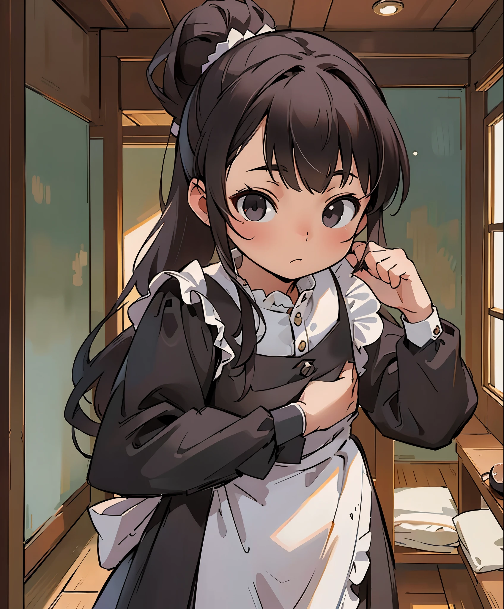 (masterpiece、highest quality、highest quality、official art、beautiful beautiful:1.2)、(1 girl:1.3)Hatsune Miku、twin tails,big breasts,masterpiece、highest quality、High resolution、realistic、High resolution、RAW photo、(Maid standing in the hallway of a luxurious mansion)、((1 girl、Young woman hiding in the corner of the hallway、detailed face and eyes、beautiful face、ponytail、shiny skin、realistic skin texture、wearing a maid outfit、hold a gun、dynamic pose、long sleeve、 big breasts、big ass))、((black maid dress、long sleeve、long skirt、white apron、headdress、high heels))、