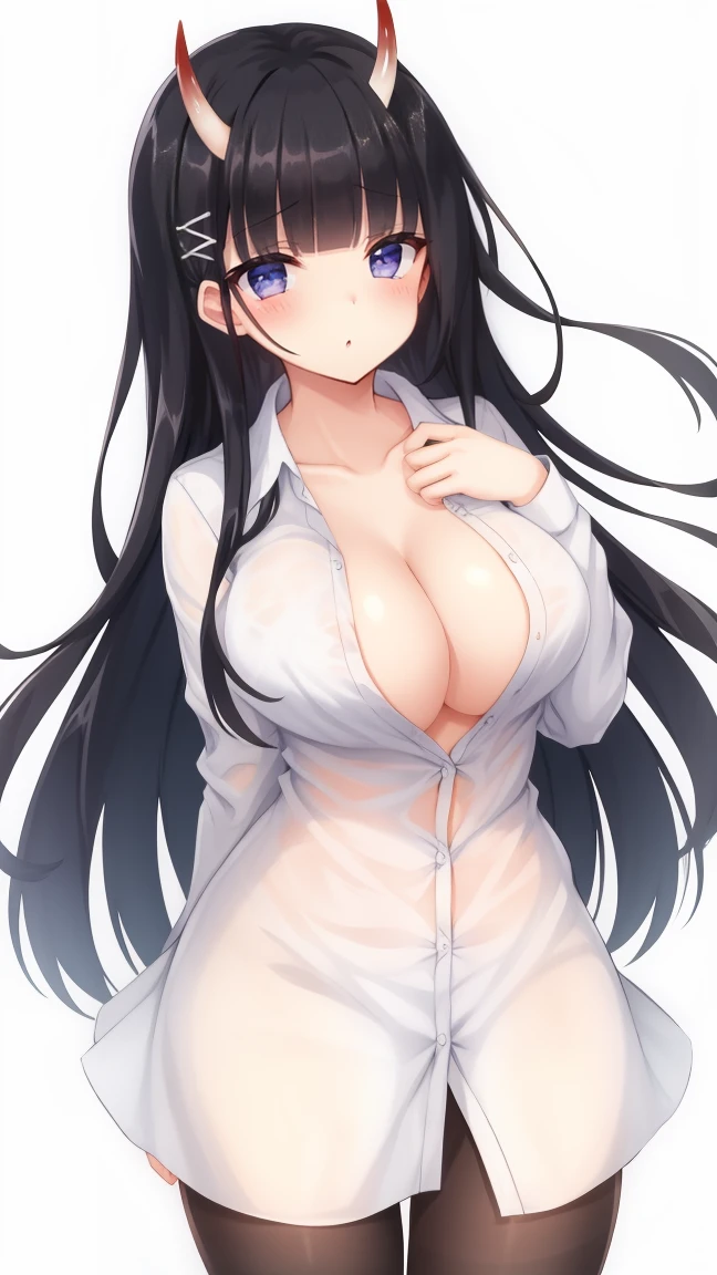 masterpiece, best quality, 1girl, solo, long hair, looking at viewer, black hair, purple eyes, pantyhose, horns, oni horns, bangs, hair_ornament, hairclip, breasts, x_hair_ornament, very_long_hair, collarbone, blunt_bangs, white dress shirt, naked shirt,cleavage ,open shirts,large shirts,no panties,bottomless,