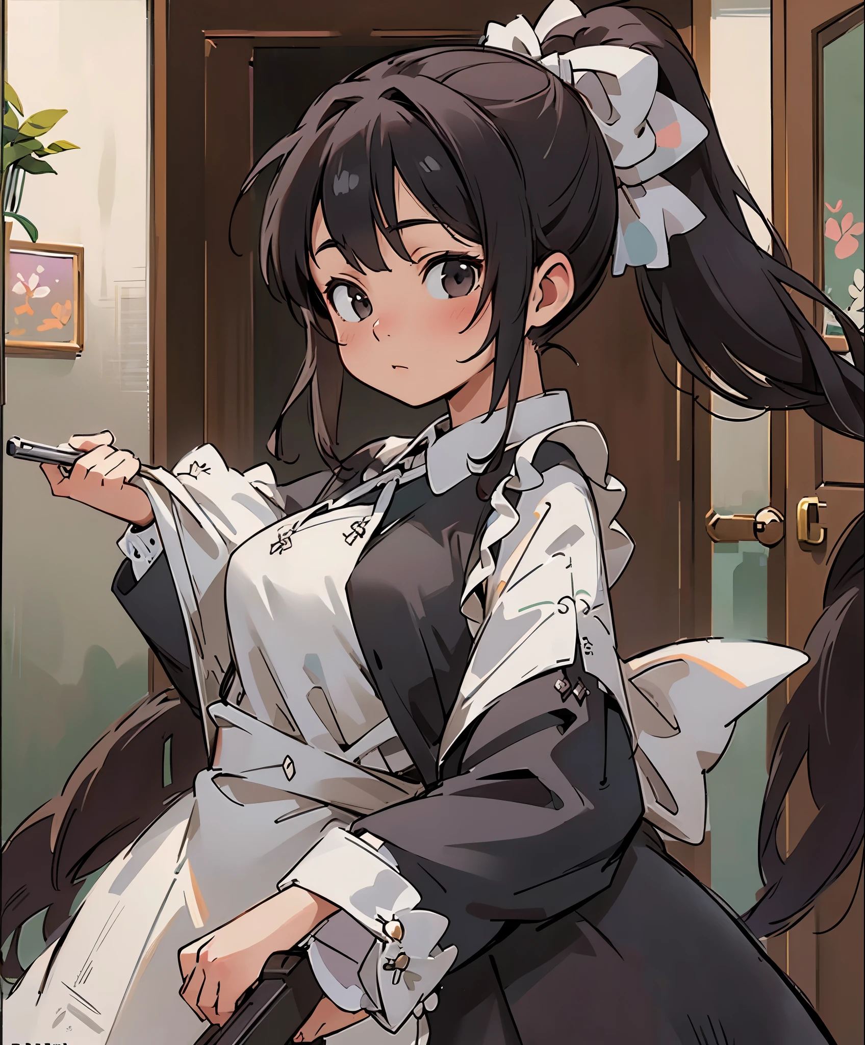 (masterpiece、highest quality、highest quality、official art、beautiful beautiful:1.2)、(1 girl:1.3)Hatsune Miku、twin tails,big breasts,masterpiece、highest quality、High resolution、realistic、High resolution、RAW photo、(Maid standing in the hallway of a luxurious mansion)、((1 girl、Young woman hiding in the corner of the hallway、detailed face and eyes、beautiful face、ponytail、shiny skin、realistic skin texture、wearing a maid outfit、hold a gun、dynamic pose、long sleeve、 big breasts、big ass))、((black maid dress、long sleeve、long skirt、white apron、headdress、high heels))、