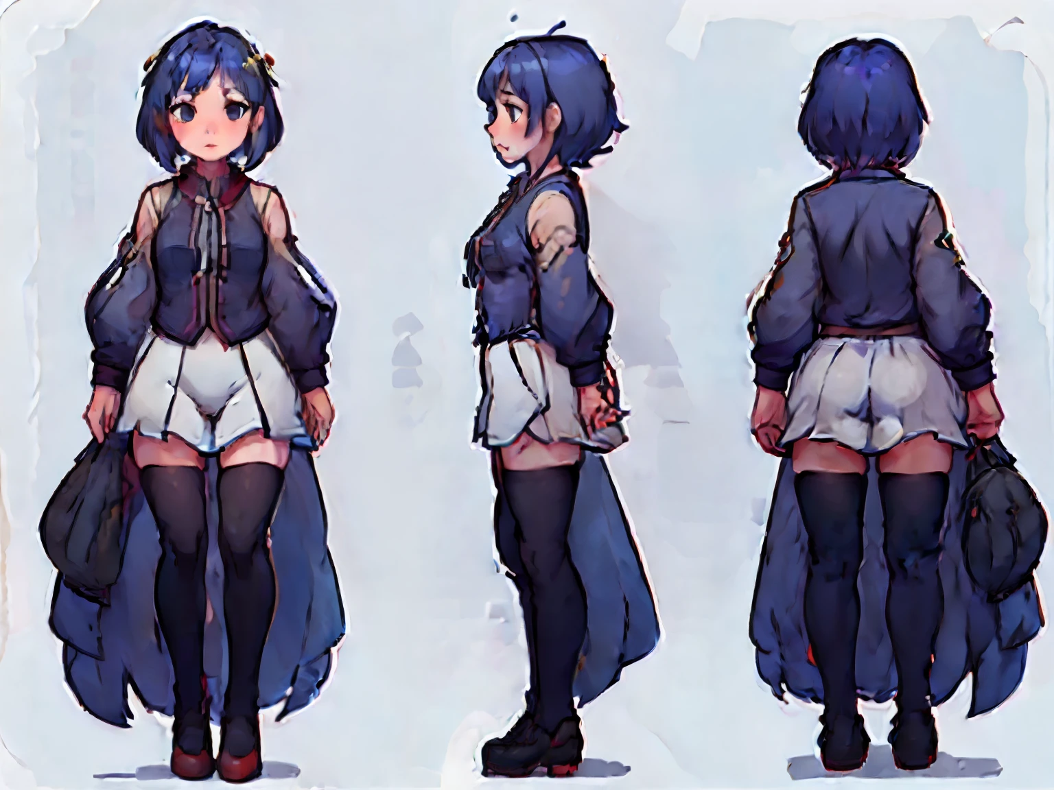 ((masterpiece))), (((best quality))), ((ultra-detailed)), (very detailed illustration), ((extremely delicate and beautiful face)),(cute and delicate face), cinematic light, ((character sheet)), (concept art), ((full body)), (masterpiece: 1.2), (best quality: 1.3), standing, (single background, white background: 1.3), blue hair, blue eyes