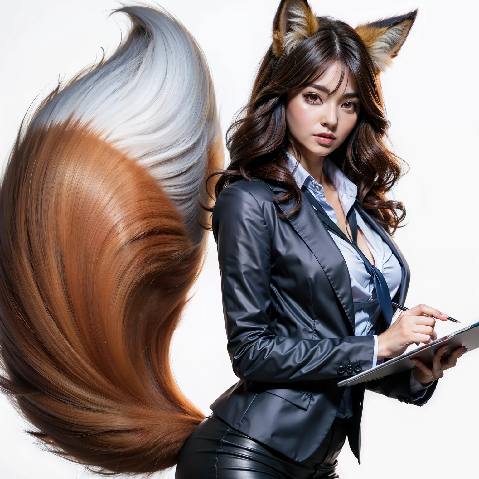 a woman in a suit with a hairy tail, art of silverfox, fox tail, beautiful fox woman, female fox, fox girl, very detailed, portrait of Ahri, women farsona, Ahri, commission, professional hairy painting, hairy tail, photograph, highest quality