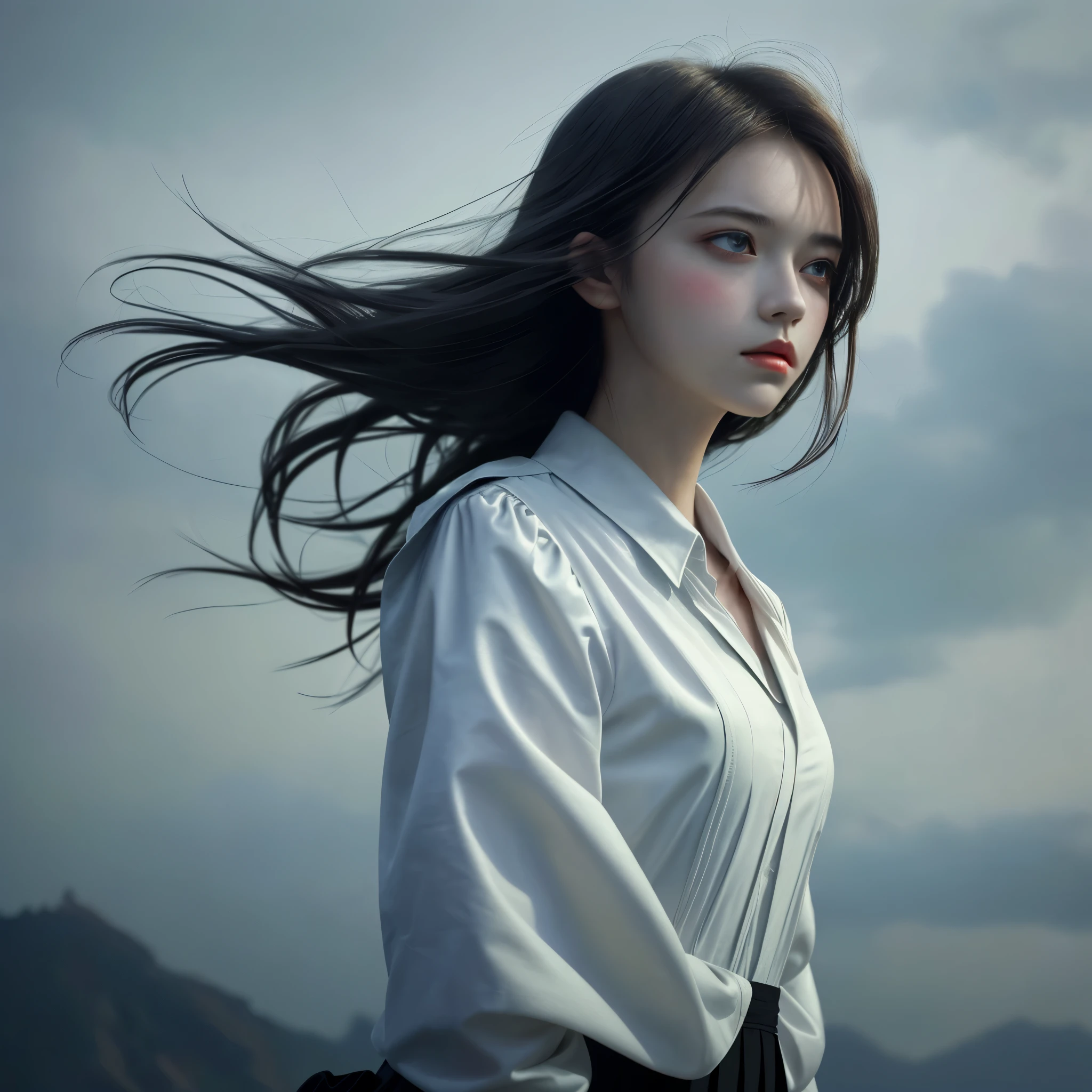 (best quality,masterpiece:1.2),1girl,looking downwards,wind,particles,simple background,dark mood,upper body