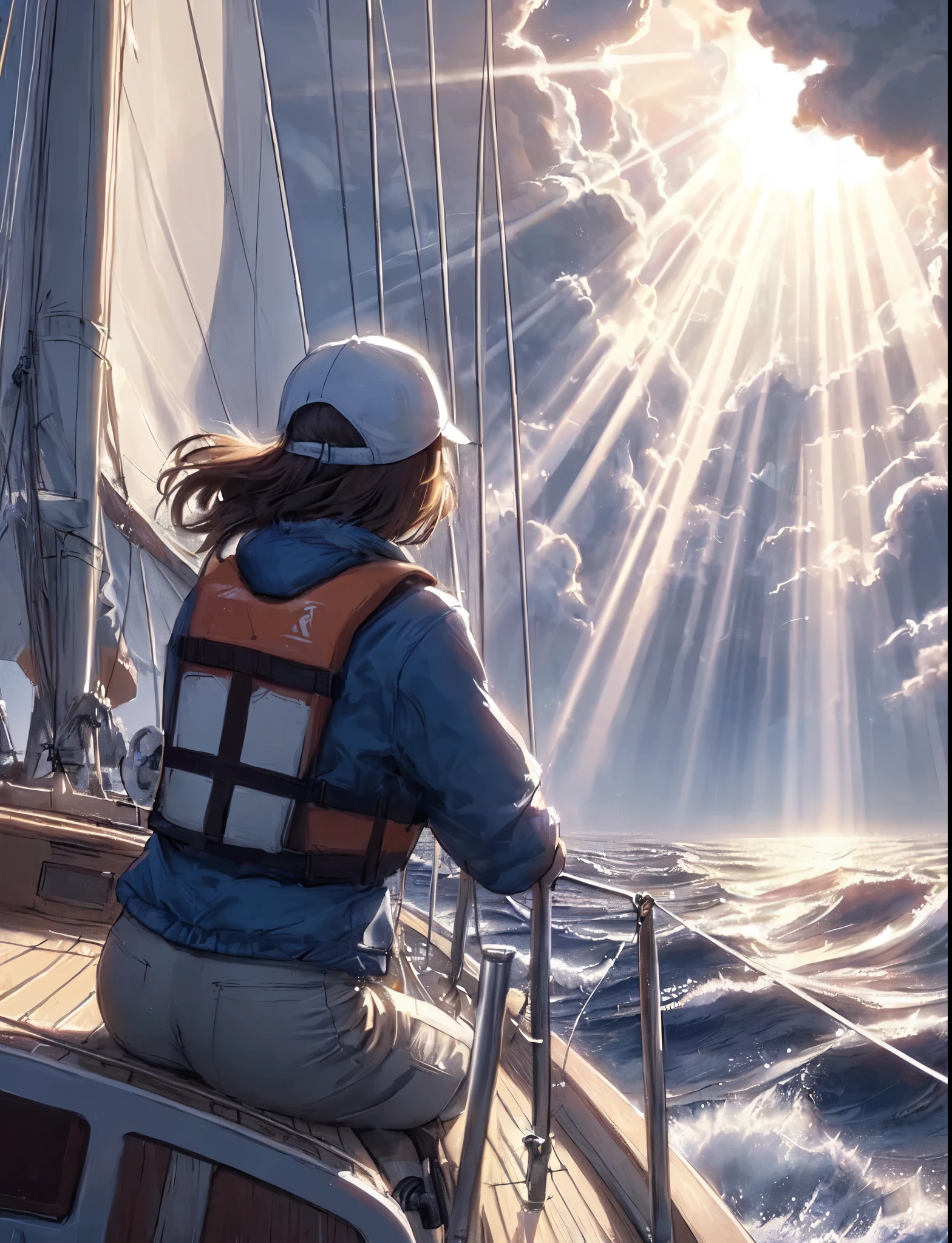 1lady solo, sitting, (back of head) from behind, (sailing gear) (life jacket), mature female, /(brown hair/) windy, (masterpiece best quality:1.2) delicate illustration ultra-detailed BREAK (sunlight), (sun's lay leaking from cloud:1.2), (Tyndall effect:1.2) BREAK (sailing boat) outdoors, vast ocean, wave, gray sky, detailed background