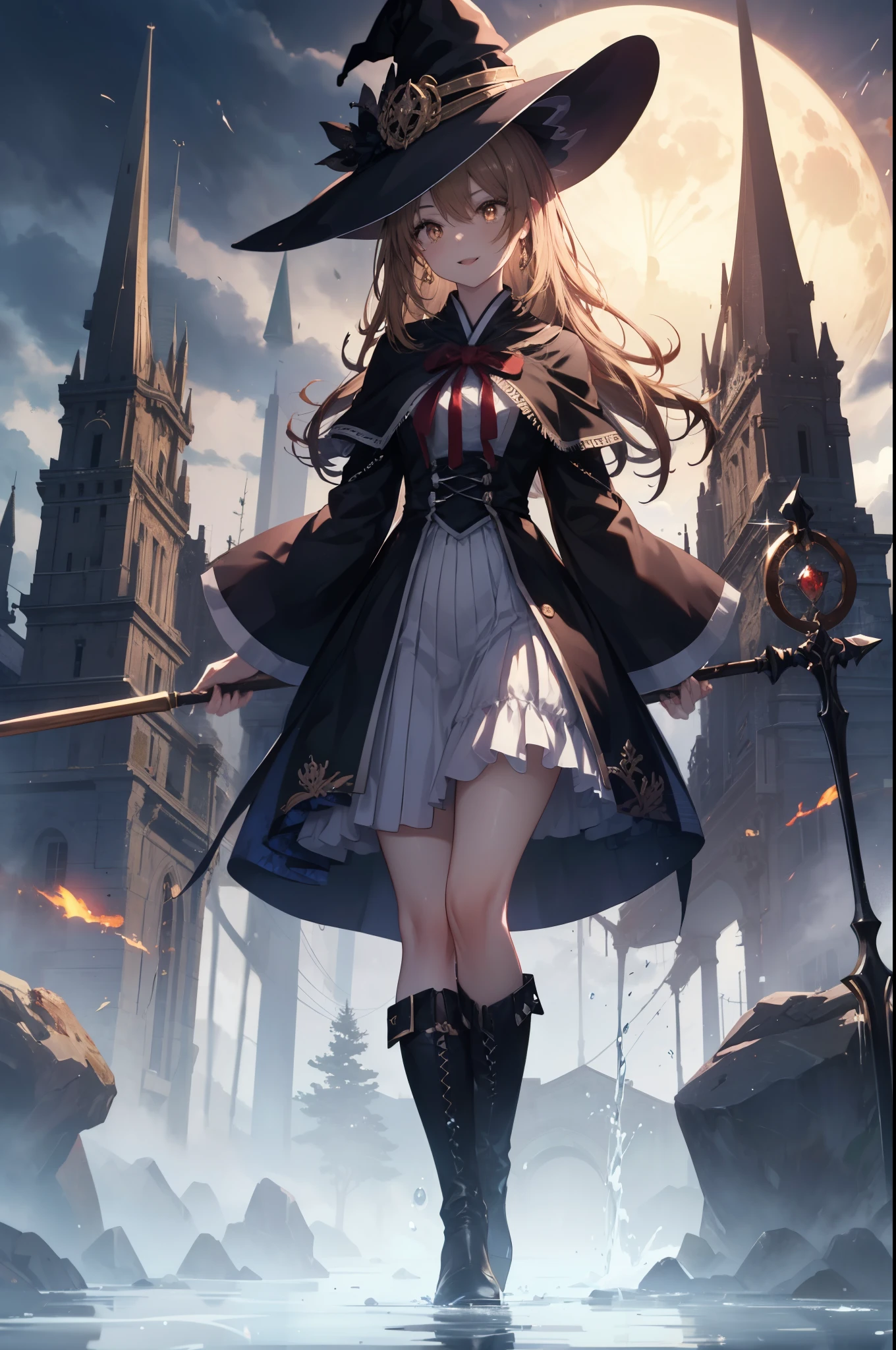irohaisshiki, iroha isshiki, long hair, brown hair, (brown eyes:1.5), smile,witch hat,Witch Dress,long skirt,short boots,staff 1:1, holding staff 1:1, mouth open,long magic wand 1:magic to have one(thunder)is putting out,ability(thunder,)
"Witch's Covenant": 月明かりに照らされたforestに集まったWitch's Covenantを示す暗くて雰囲気のある画像, Surrounded by swirling mist、Cast spells under the watchful eye of the shining full moon,
break outdoors, forest,
break looking at viewer, 
break (masterpiece:1.2), highest quality, High resolution, unity 8k wallpaper, (figure:0.8), (detailed and beautiful eyes:1.6), highly detailed face, perfect lighting, Very detailed CG, (perfect hands, perfect anatomy),