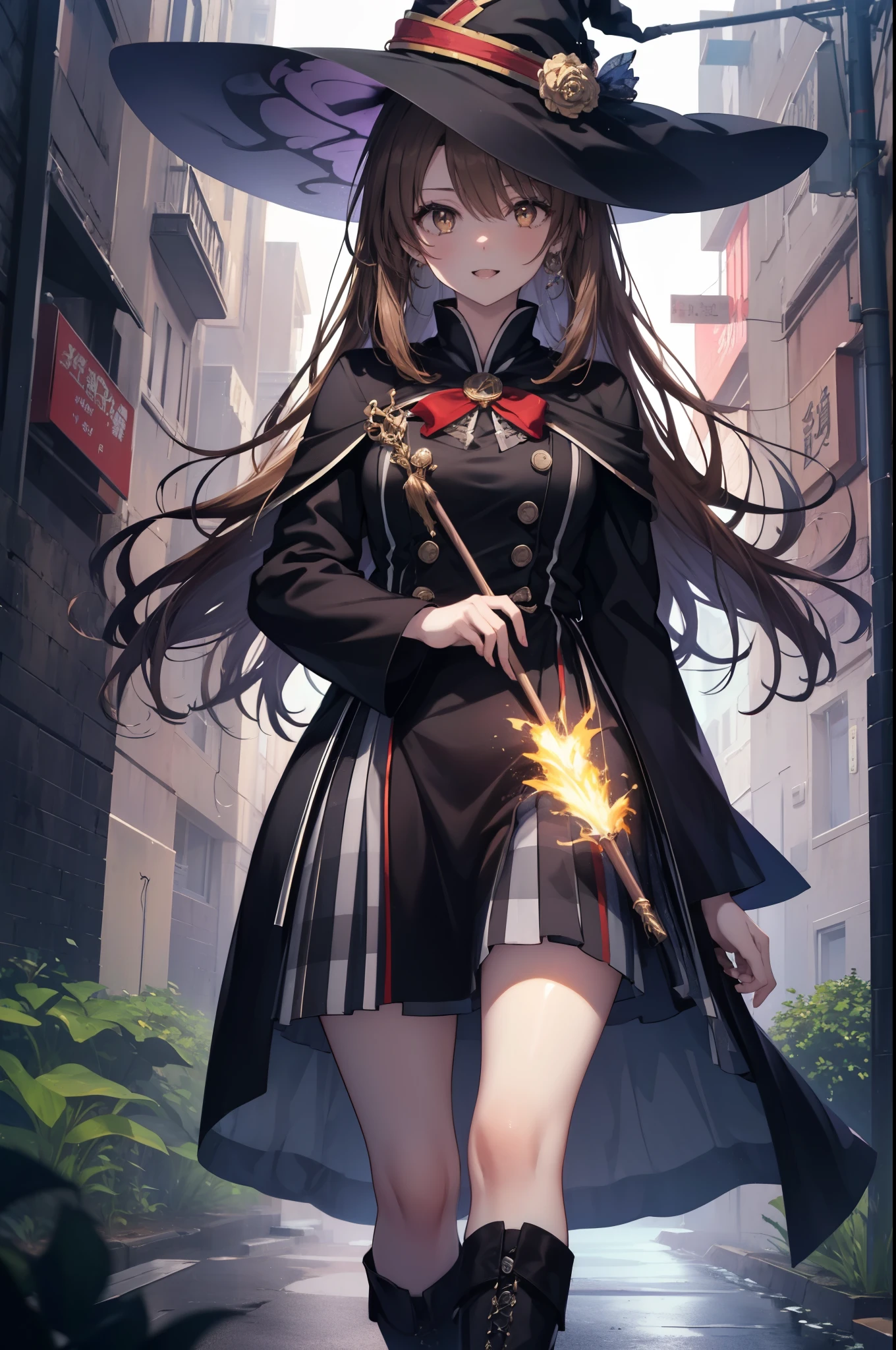 irohaisshiki, iroha isshiki, long hair, brown hair, (brown eyes:1.5), smile,witch hat,Witch Dress,long skirt,short boots,staff 1:1, holding staff 1:1, mouth open,long magic wand 1:magic to have one(thunder)is putting out,ability(thunder,)
"Witch's Covenant": 月明かりに照らされたforestに集まったWitch's Covenantを示す暗くて雰囲気のある画像, Surrounded by swirling mist、Cast spells under the watchful eye of the shining full moon,
break outdoors, forest,
break looking at viewer, 
break (masterpiece:1.2), highest quality, High resolution, unity 8k wallpaper, (figure:0.8), (detailed and beautiful eyes:1.6), highly detailed face, perfect lighting, Very detailed CG, (perfect hands, perfect anatomy),