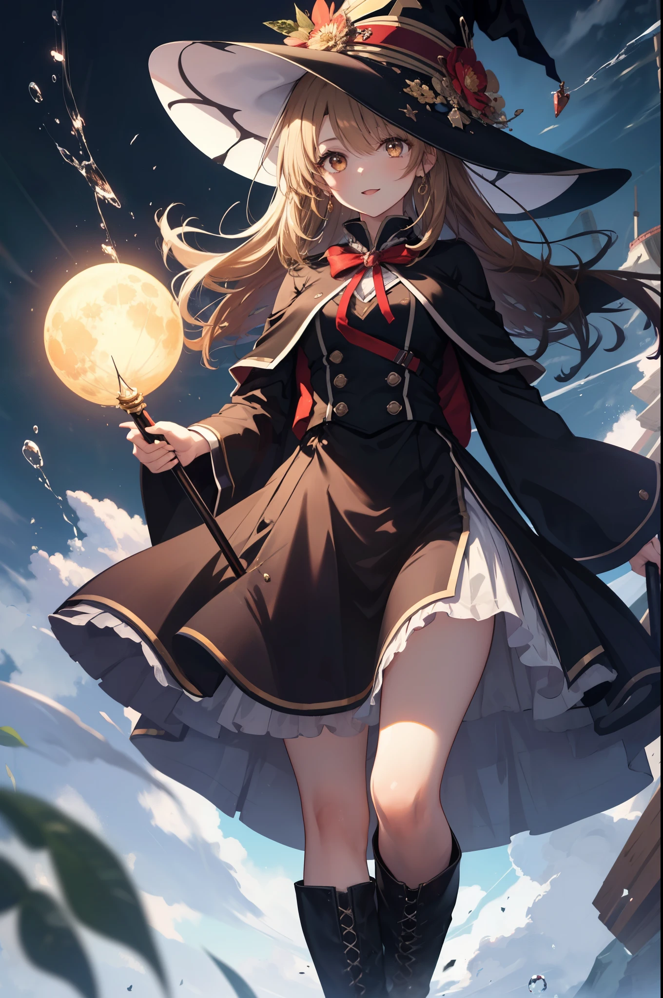 irohaisshiki, iroha isshiki, long hair, brown hair, (brown eyes:1.5), smile,witch hat,Witch Dress,long skirt,short boots,staff 1:1, holding staff 1:1, mouth open,long magic wand 1:magic to have one(thunder)is putting out,ability(thunder,)
"Witch's Covenant": 月明かりに照らされたforestに集まったWitch's Covenantを示す暗くて雰囲気のある画像, Surrounded by swirling mist、Cast spells under the watchful eye of the shining full moon,
break outdoors, forest,
break looking at viewer, 
break (masterpiece:1.2), highest quality, High resolution, unity 8k wallpaper, (figure:0.8), (detailed and beautiful eyes:1.6), highly detailed face, perfect lighting, Very detailed CG, (perfect hands, perfect anatomy),