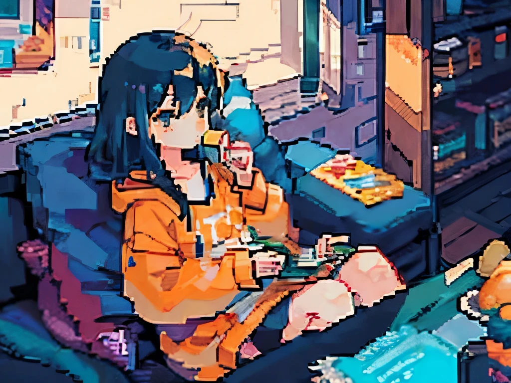 A girl is looking at a smartphone in her right hand in the living room around evening. Eating potato chips with his left hand, orange juice and potato chips on the dining table, sitting on a chair with his knees up, pixel art, pixel art,