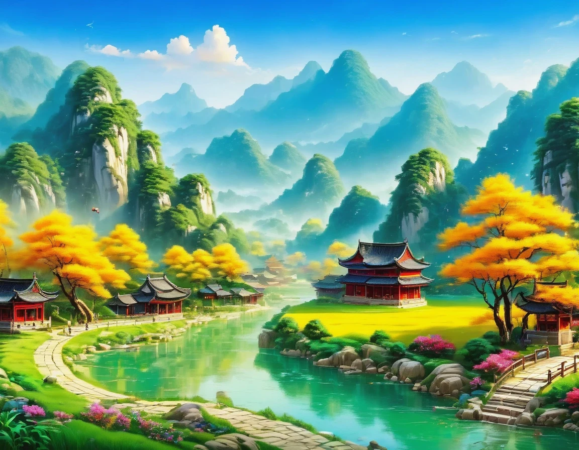 (best picture quality，8k，high resolution，masterpiece)，super detailed，Chinese landscape painting，(landscape artistic conception)，(Zen aesthetics)，Zen composition，summer，Sunlight，Good boy，Kaneko的稻田，Kaneko，happiness，children&#39;laughter，children在稻田里玩耍，Cicada chirping，Beautiful scenery，extremely detailed description，main，bright colors，Kaneko日出，peaceful，Kanekoen light，prime time，nature，nature之美,minimalist，extreme details，unmatched details，Special effect、Realism and exquisite details，胶片颗粒和鲁Special effect果增加了图像的感和怀旧感