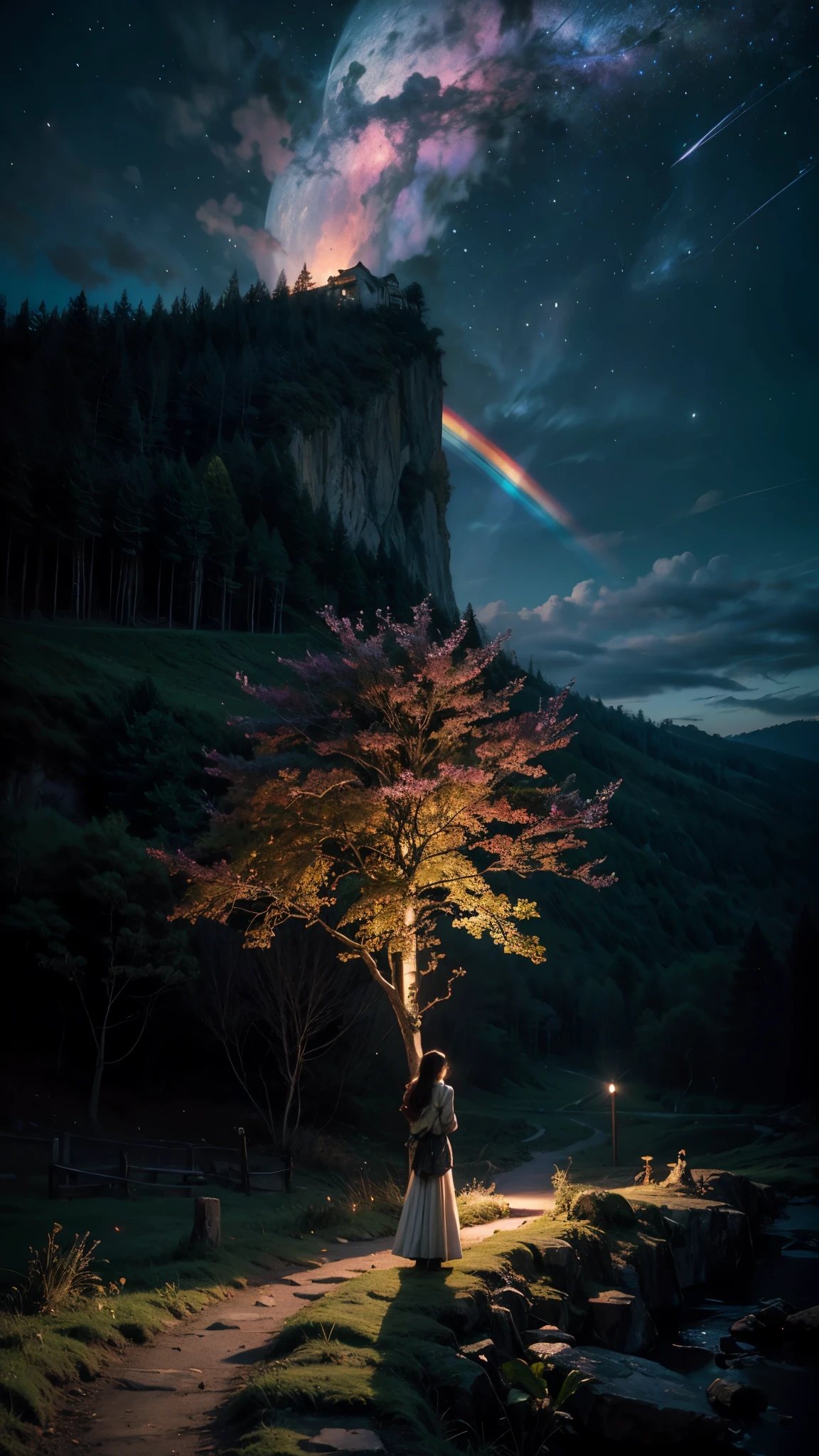 wide々landscape photography, (view from below、View of the sky and nature below), standing in a flower field and looking up, (full moon: 1.2), (shooting star: 0.9), (nebula: 1.3), distant mountain, tree break production art, (warm light source: 1.2), (fire Fly: 1.2), lamp, purple and orange, intricate details, volume lighting, Realism BREAK (masterpiece: 1.2) (highest quality), 4k, super detailed, (moving composition: 1.4), Highly detailed and colorful details, (rainbow colors: 1.2), (shining lighting, atmosphere lighting), dream-like, Magic, (alone: 1.2)