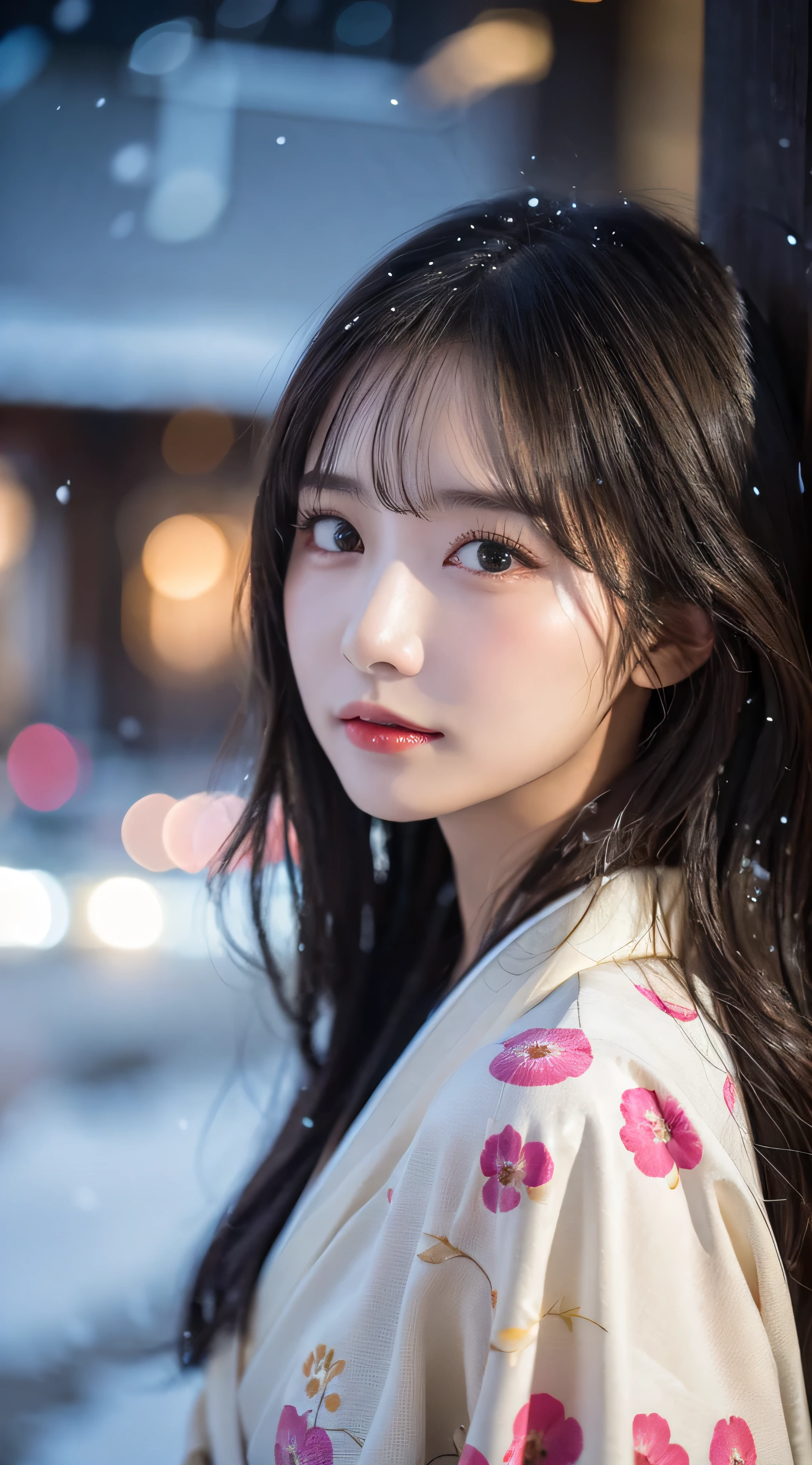 (Kimono)、(Light makeup)、(top-quality,masterpiece:1.3,超A high resolution,),(ultra-detailliert,Caustics),(Photorealsitic:1.4,RAW shooting,)Ultra-realistic capture,A highly detailed,high-definition16Kfor human skin、 Skin texture is natural、、The skin looks healthy with an even tone、 Use natural light and color,One Woman,japanes,,kawaii,A dark-haired,Middle hair,(depth of fields、chromatic abberation、、Wide range of lighting、Natural Shading、)、、(Exterior light at night:1.4)、(Falling snow:1.2)、(Hair swaying in the wind:1)、(Snow reflects light:1.3)