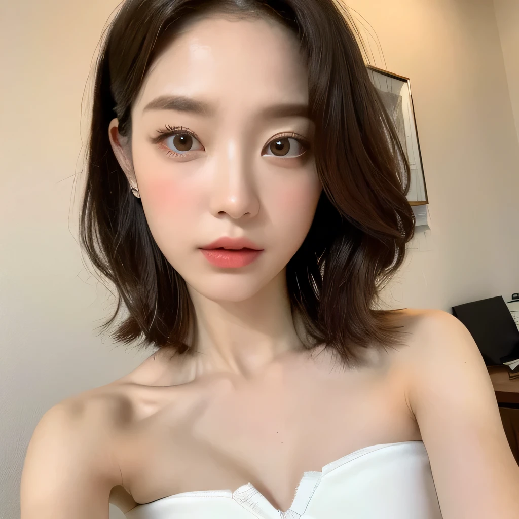 ((highest quality, 8k, masterpiece: 1.3)), sharp focus: 1.2, beautiful woman with perfect figure: 1.4, slim abs: 1.2, upper body close-up、(random hairstyle color: 1.2)), (strapless bra white: 1.3), bright room: 1.3, bedroom: 1.2, wet body: 1.1, night、 Highly detailed face and skin texture, fine eyes, double eyelid, , serious look, Show your collarbone、beautiful clavicle、
