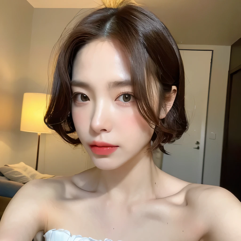 ((highest quality, 8k, masterpiece: 1.3)), sharp focus: 1.2, beautiful woman with perfect figure: 1.4, slim abs: 1.2,  upper body close-up、(random hairstyle color: 1.2)), (strapless bra white: 1.3), bright room: 1.3, bedroom: 1.2, wet body: 1.1, night、 Highly detailed face and skin texture, fine eyes, double eyelid, big breasts, serious look, Show your collarbone、beautiful clavicle、