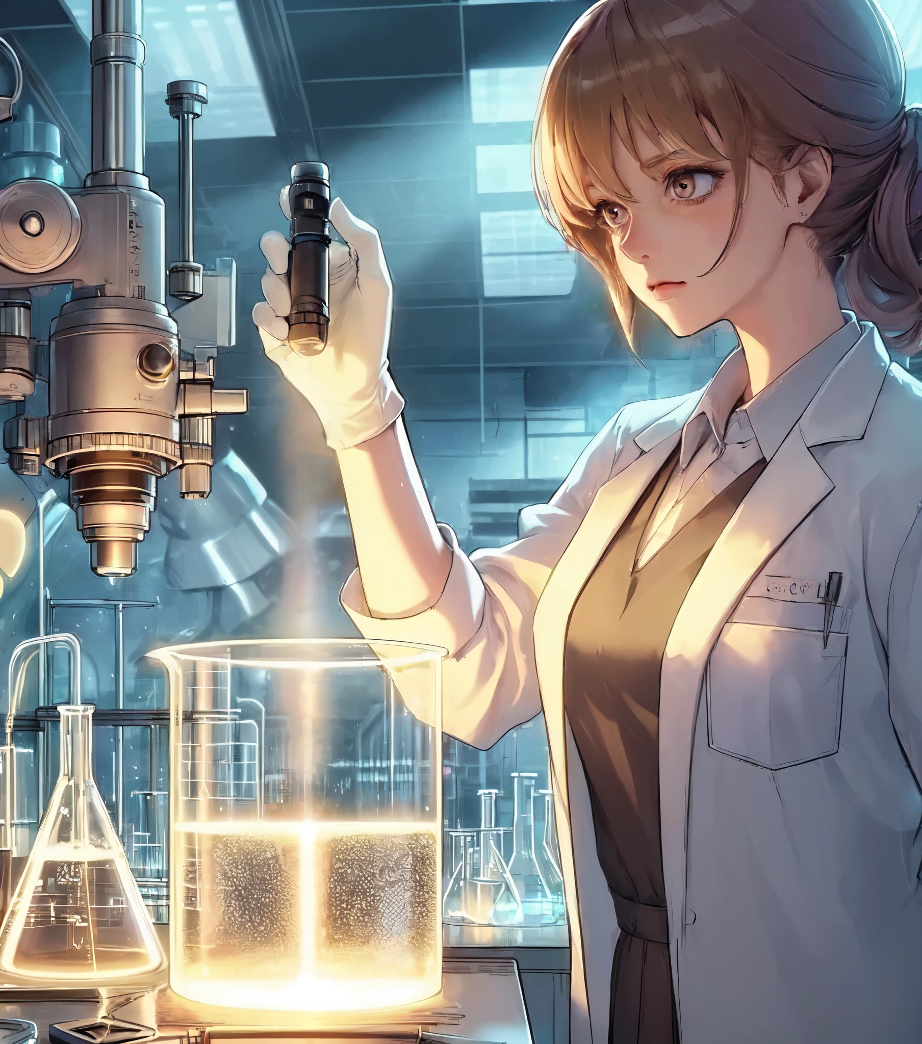 1lady solo, sitting (gazing at beaker), (holding compact flashlight) illuminating inside of beaker, scientist, (white lab coat) stylish outfit, mature female, /(black hair/) bangs, (light smile:0.8) (eye filed with concentration), (masterpiece best quality:1.2) delicate illustration ultra-detailed, medium breasts BREAK ((beaker containing turbid solution:1.2) on desk), ((thick line of light:1.1) in beaker), (floating dust), (Tyndall effect) BREAK (modern laboratory filled with equipment) indoors, detailed background