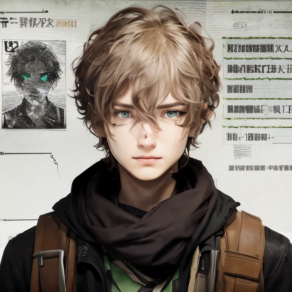 create an open identity passport in a dystopian apocalyptic era of a handsome curly haired anime style 22 years old boy wearing purple and brown dystopian survivor clothes, American, she has green eyes.