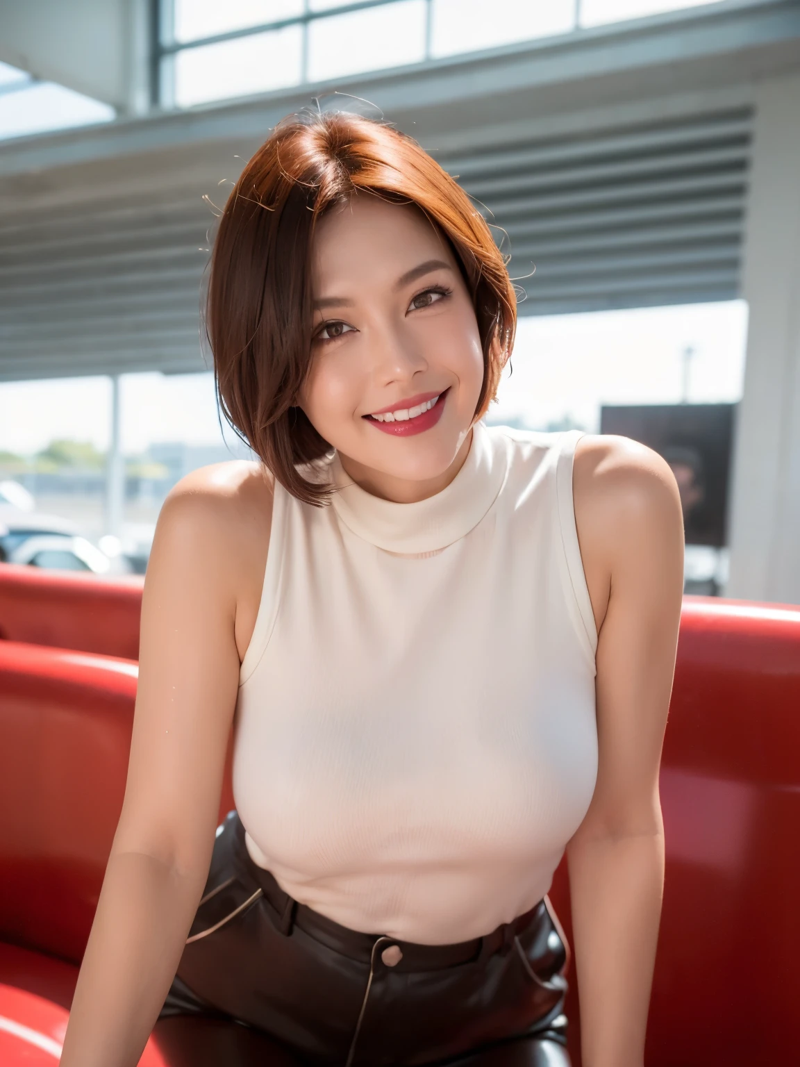 （38 years old), （Black High Neck Sleeveless Shirt:1.2）,（white wool pants）、 double eyelid, eyelash, Red lip gloss, (smile:1), ((close your eyes:0.85)), (looking at the viewer、Are standing), (From above:0.2)、尖ったred mouth、(reddish brown wet shiny short hair),red mouth,clavicle、 (Photoreal:1.3),(RAW photo）,(airport departure lobby、big counter、big window、bright sunlight、Modern architecture) , 8k, Super detailed, highest quality, rough skin, anatomically correct, masterpiece , highest quality, cinematic lighting, Use perspective throughout , surrealism , ,(realistic:1. 3),(RAW photo) , black hair, light smile, short hair, bob cut, anaglyph, stereogram, (mature woman:1), (38 years old), ((close:0.5)), glare, double eyelids, lip gloss, (smile:1), ((close your eyes:0.85)), red mouth, clavicle, ((looking at the viewer)), (short hair of reddish-brown color wet and shiny,), (I can see the whole body) , Slightly thick body type , I opened my eyes wide. , perfectly round eyes , fine texture