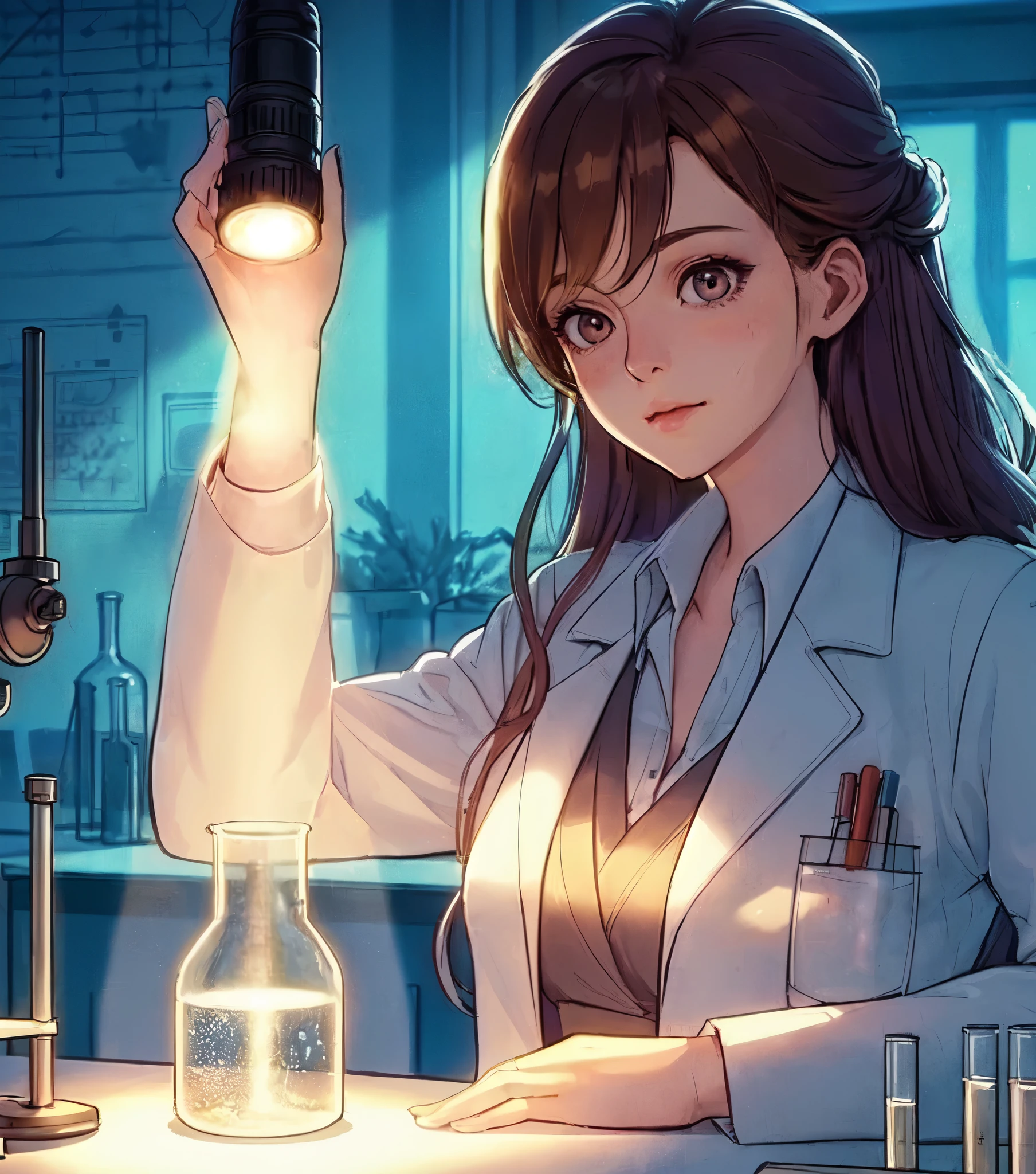 1lady solo, sitting (gazing at beaker), (holding compact flashlight) illuminating inside of beaker, scientist, (white lab coat) stylish outfit, mature female, /(black hair/) bangs, (light smile:0.8) (eye filed with concentration), (masterpiece best quality:1.2) delicate illustration ultra-detailed, medium breasts BREAK ((beaker containing turbid solution:1.2) on desk), ((thick line of light:1.1) in beaker), (floating dust), (Tyndall effect) BREAK (modern laboratory filled with equipment) indoors, detailed background