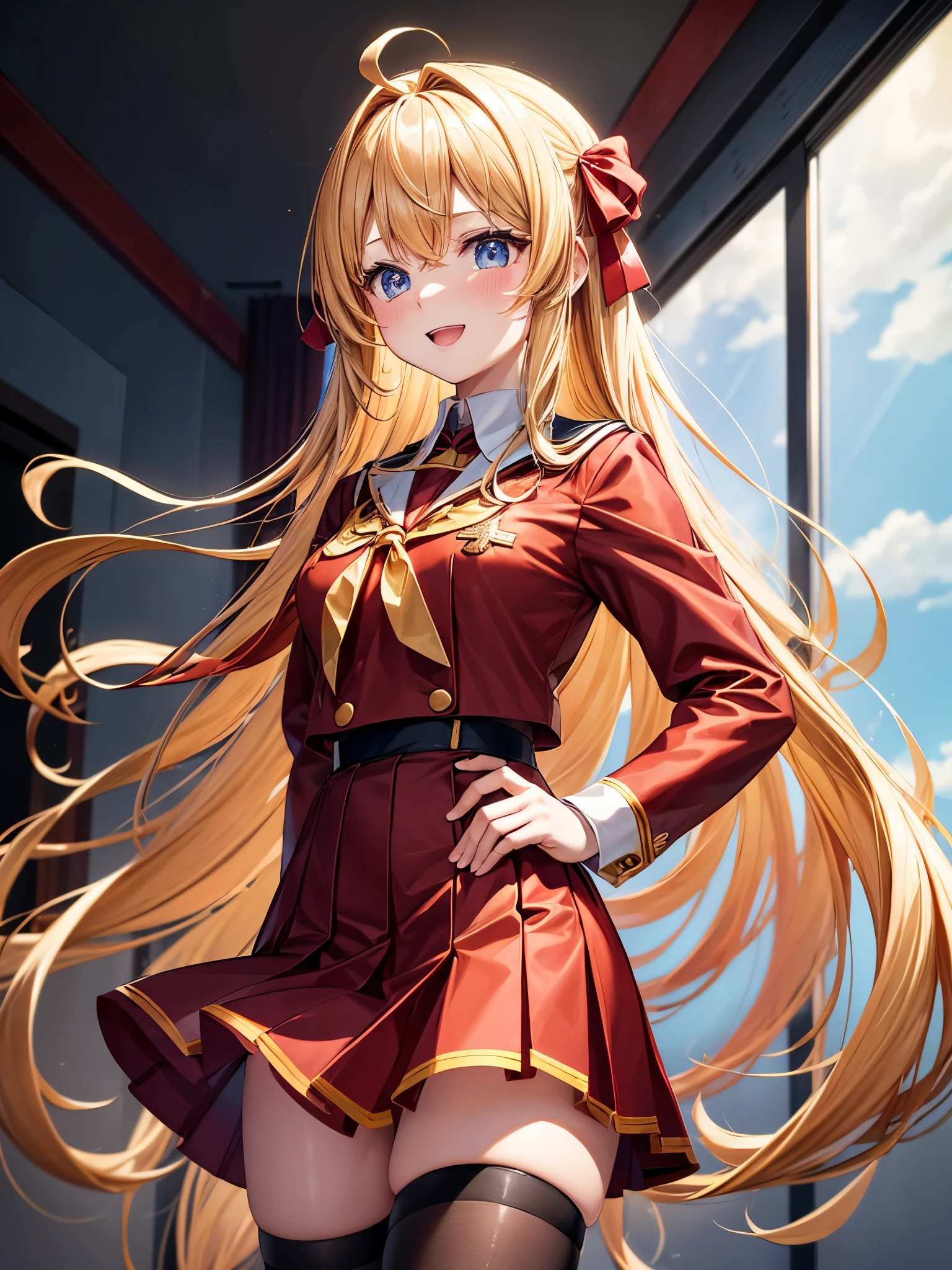 Ahoge with thin golden hair、{Wearing red and vermilion uniforms}、A yellow ribbon is attached to the chest of the uniform. I'm in the student council room at school. {brown mini skirt、{wearing black tights}laughing masterpiece、High school girl with blue and light blue eyes
