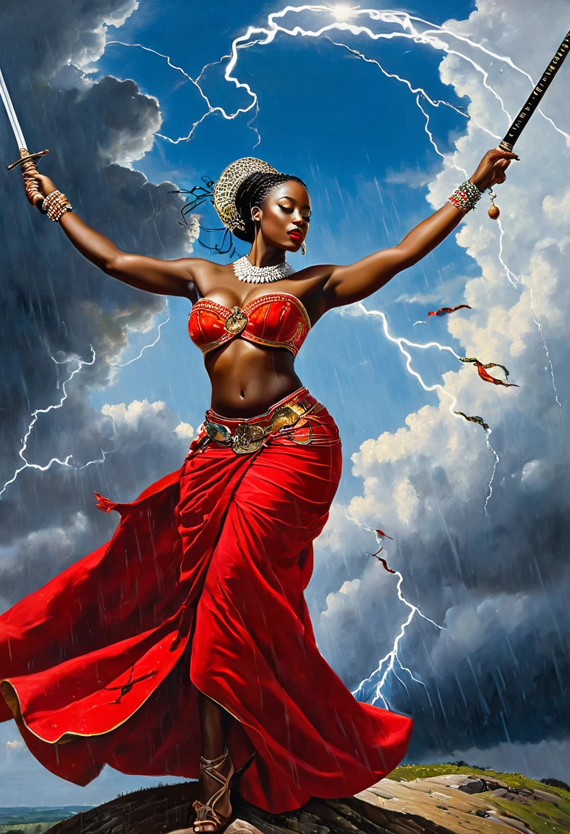 ultra-detailed, high ((best quality)), ((art)), majestic and intricately detailed smooth oil painting (Iansã Orisha, Nigerian, breasts showing, richly decorated red costume, guerreira, corpo sado,Goddess of winds and lightning , sword in one hand, whip in another, rain clouds in the sky, sky with lightning, wind, exquisite and elegant, cubism style, Salvador Dali style -ar 9:16 - v