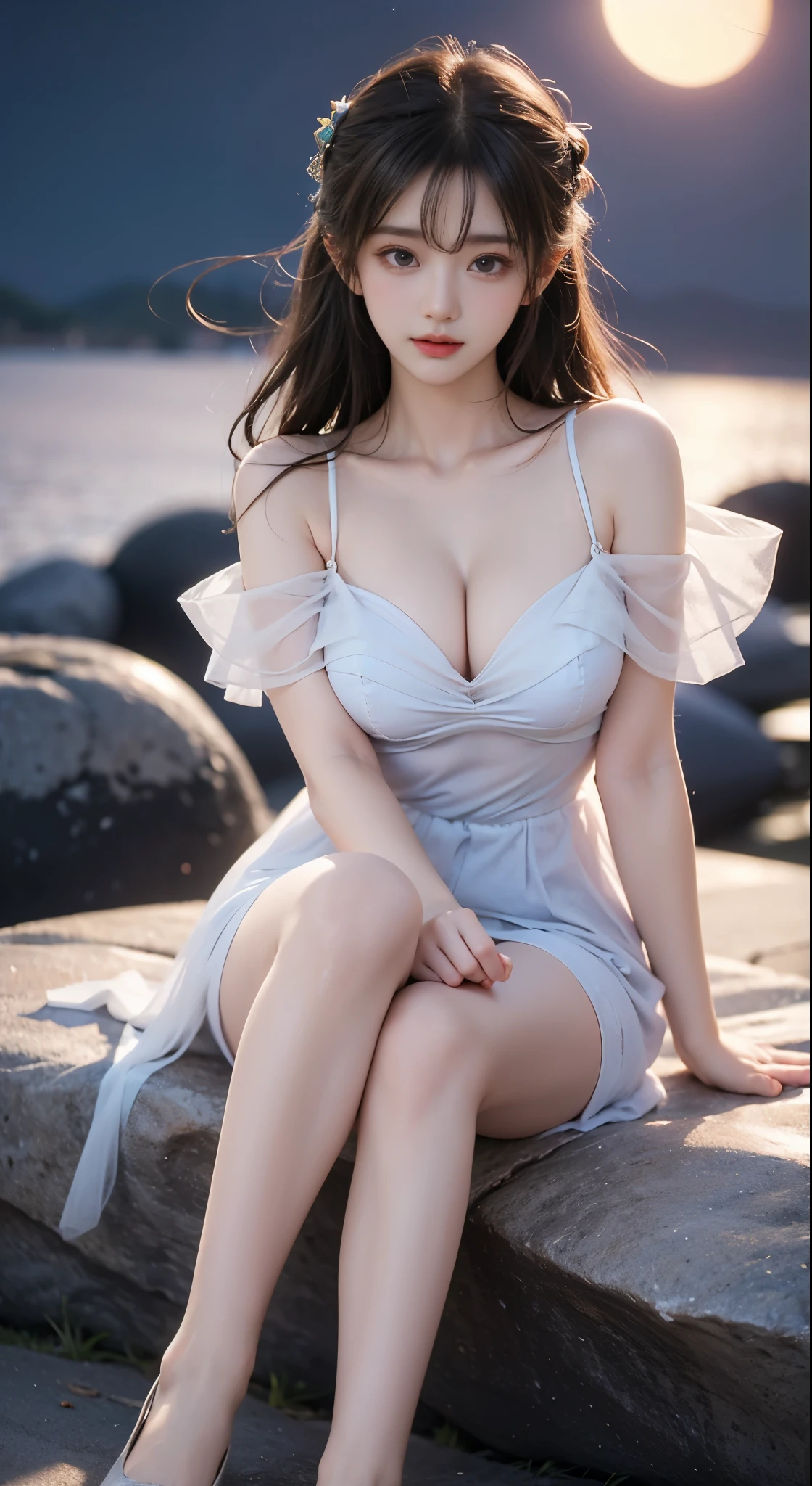 Sweet girl clothes8,(gem:1.3), ((bare shoulders)), ((whole body)), actual, Fashion girl, red lips, mature women, cosmetic, big eyes, beautiful eyes, ((whole body)), (best quality, masterpiece:1.2), super detailed, (actual:1.37), ((Sexy long legs)), beautiful, young and energetic, Charming model with, big breasts, cleavage, Dynamic posing, Random perspective shooting, ((in the mountains, plant, sitting position, Leaning against the rocks)) (exquisite eyes, Detailed lips, extremely exquisite eyes), Show a bright smile, Create stunning girl images, warm color, Extremely high color saturation, official art, Extremely detailed CG unified 8k wallpaper,(high dynamic range :1.4), (cinematic),(pastel colors, The color is dull, soothing tone :1.3), (natural skin texture, ultra-actual, soft light, sharp),(Very detailed), night, moonlight
