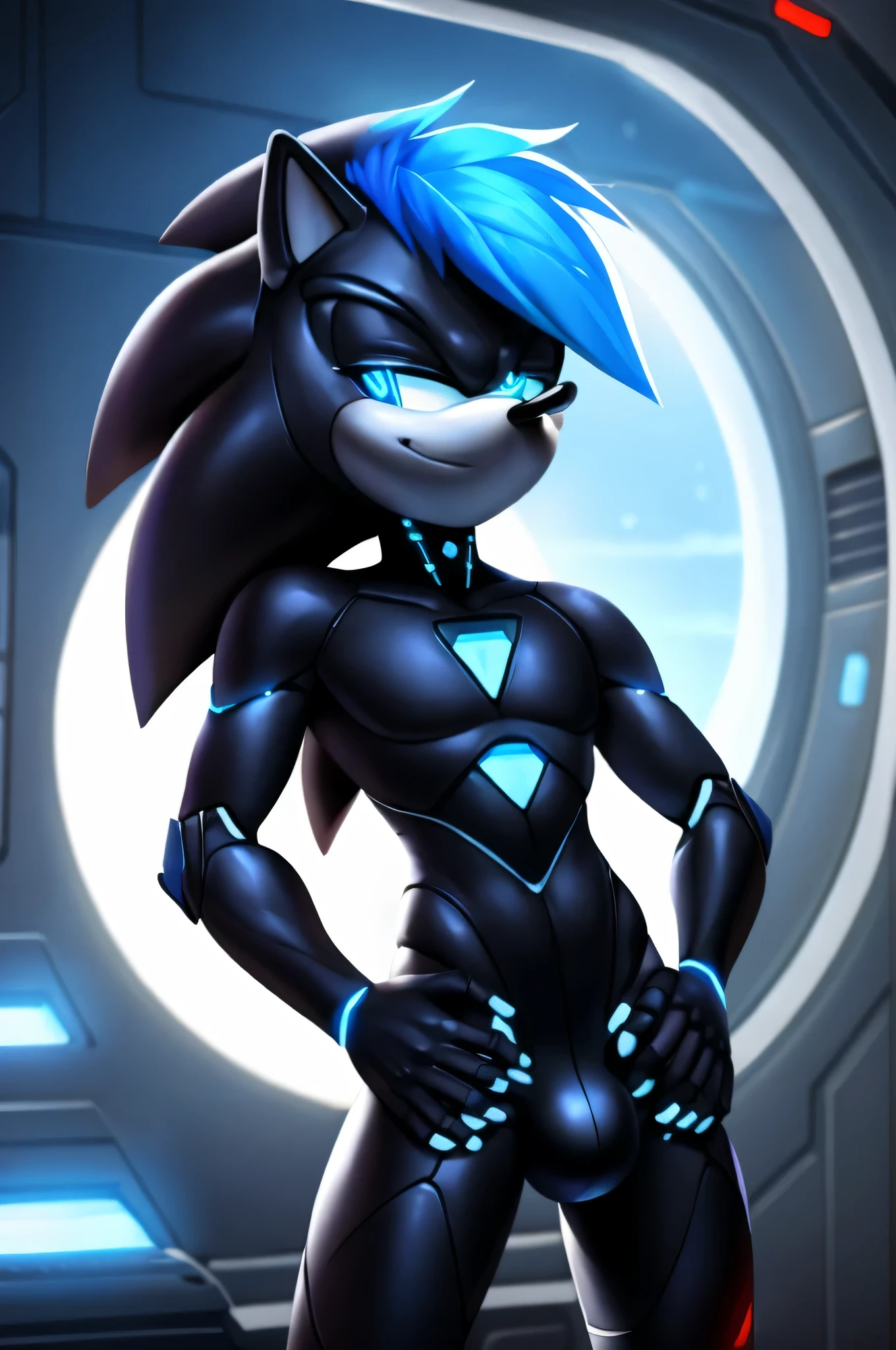 ((male)) twink, anthro android ((hedgehog)), with glowing blue eyes, white muzzle, wearing a sci-fi bodysuit stands in a futuristic landscape. The android's bodysuit is adorned with ((blue, black and white coloring))), moderately sized crotch bulge, and intricate android seams, creating a futuristic look. the android has a seductive smirk on his face