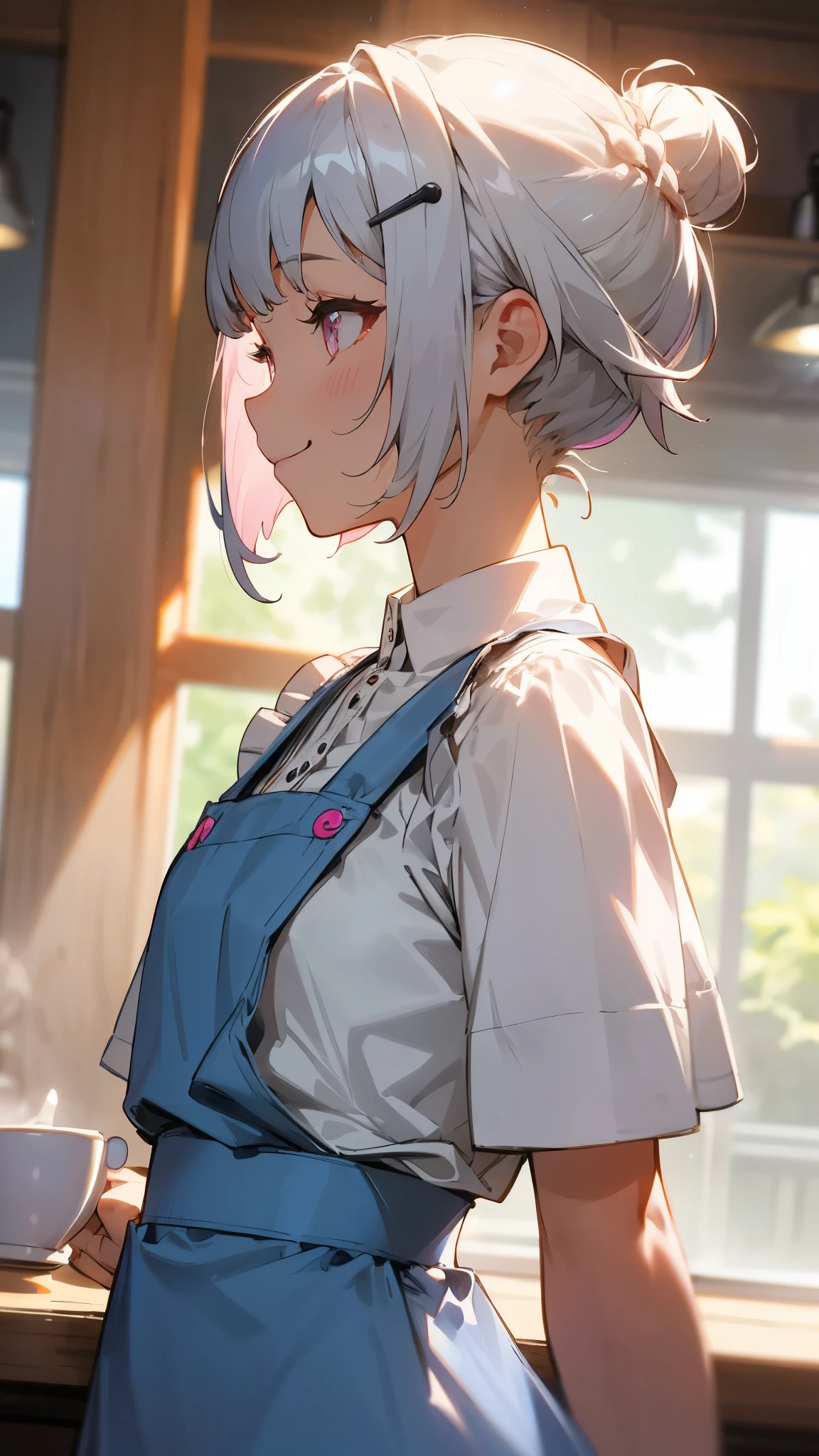 1 girl、white blouse、blue skirt、upper body up、Short hairstyles for silver hair and bob、Hair tied up in a bun with a hair clip、Shining pink round eyes、smile、profile、Apron appearance、((indoor、morning、Cafe))、sharp outline