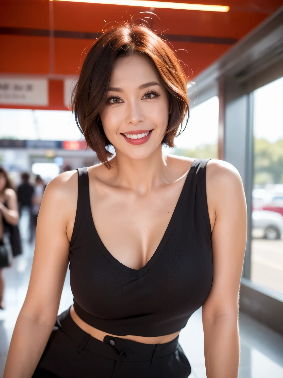 (38 years old), (black business suit:1.2),(black wool pants)、 double eyelid, eyelash, Red lip gloss, (smile:1), ((close your eyes:0.85)), (looking at the viewer、Are standing), (From above:0.2)、尖ったred mouth、(reddish brown wet shiny short hair),red mouth,clavicle、 (Photoreal:1.3),(RAW photo),(airport departure lobby、big counter、big window、bright sunlight、Modern architecture) , 8k, Super detailed, highest quality, rough skin, anatomically correct, masterpiece , highest quality, cinematic lighting, Use perspective throughout , surrealism , ,(realistic:1. 3),(RAW photo) , black hair, light smile, short hair, bob cut, anaglyph, stereogram, (mature woman:1), (38 years old), ((close:0.5)), glare, double eyelids, lip gloss, (smile:1), ((close your eyes:0.85)), red mouth, clavicle, ((looking at the viewer)), (short hair of reddish-brown color wet and shiny,), (I can see the whole body) , Slightly thick body type , I opened my eyes wide. , perfectly round eyes , fine texture