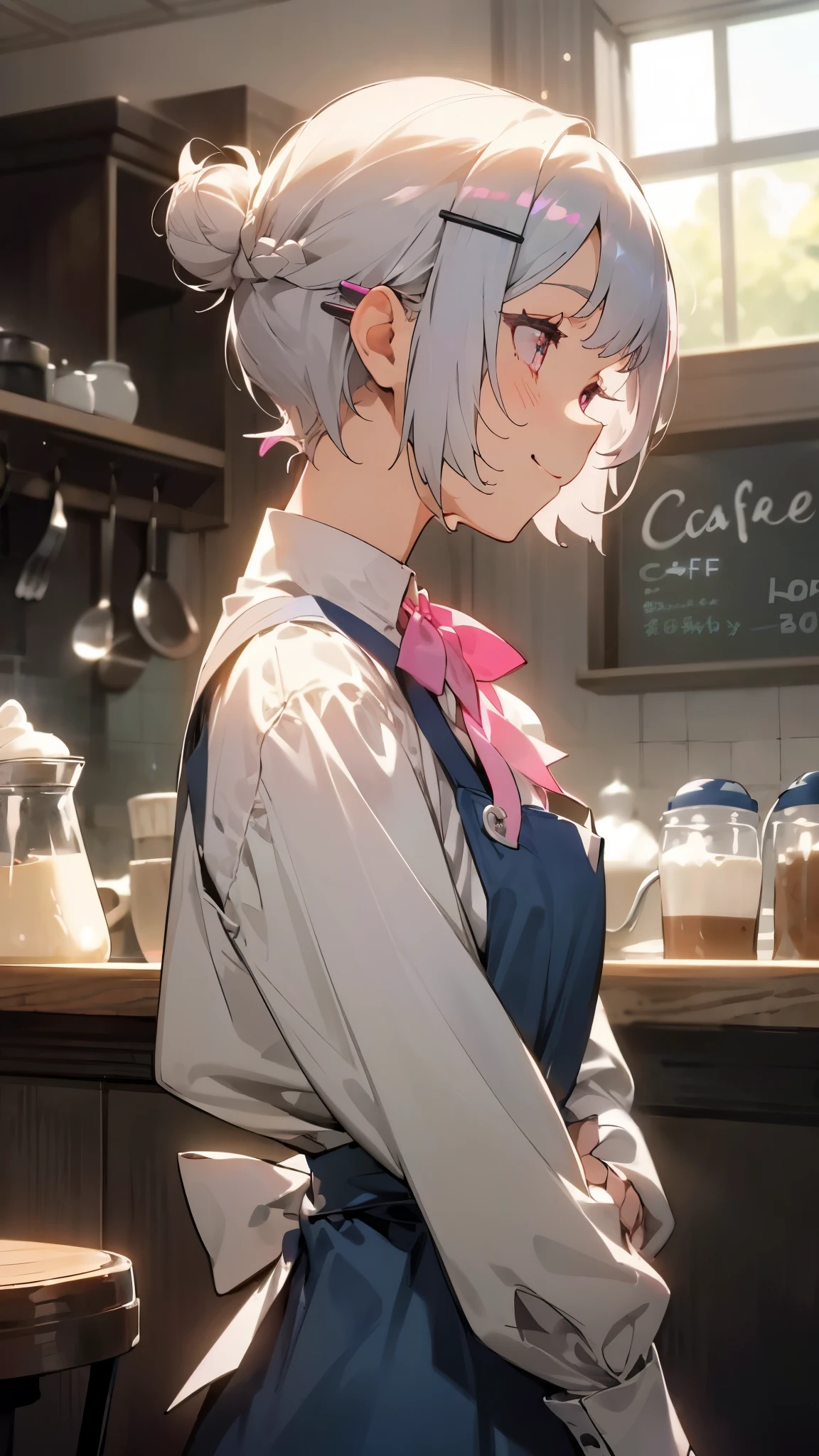 1 girl、white blouse、blue skirt、upper body up、Short hairstyles for silver hair and bob、Hair tied up in a bun with a hair clip、Shining pink round eyes、smile、profile、Apron appearance、((indoor、morning、Cafe))、sharp outline