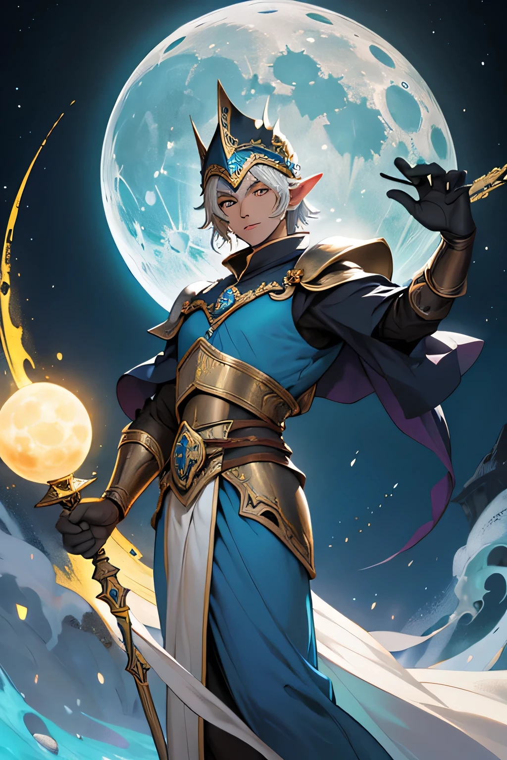 sacerdote da lua, homem elfo de pele azul, servo da lua, poder da lua, elfo da lua, armadura brilhante, brilho lunar, armadura, acolito