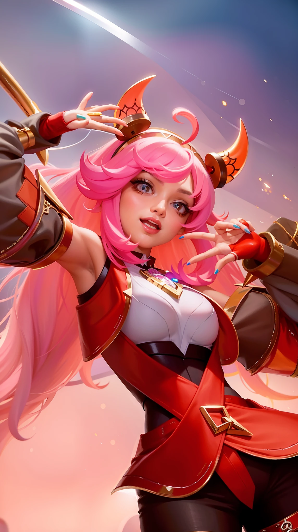 succubus, full body, hair bobbles, wince, solid circle eyes, light smile, ear blush, fang, pink hair, double bun, hair flower, horns, mole under eye, makeup, Surrealism, drop shadow, anaglyph, stereogram, tachi-e, super detail, ccurate, best quality, girl, very sexy, (boot: 1.3), (chest: 1.3), light skin, realistic skin, few scratches, looking at the viewer, detailed face, detailed hands, detailed legs, detailed fingers, detailed hair, detailed eyes, detailed skin, dynamic lighting,