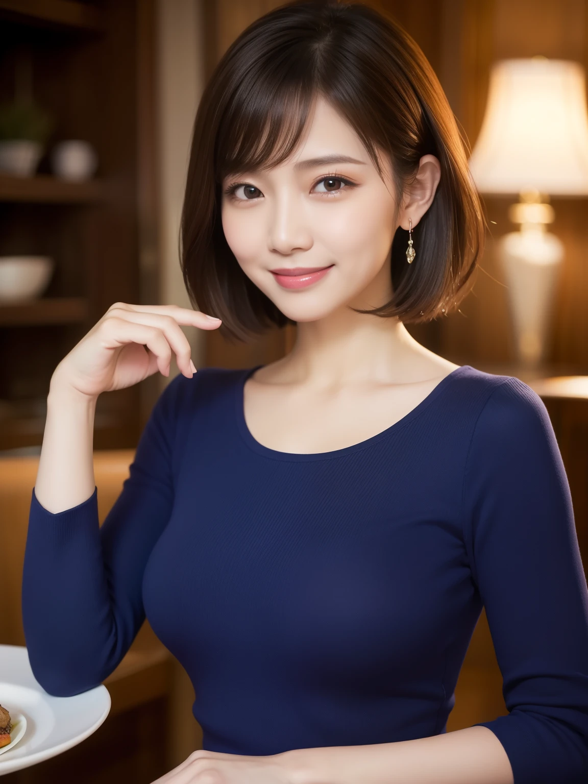 ((masterpiece))、((highest quality))、photograph、reality、High level image quality、Advanced depth of field、get used to it、realistic lighting、secretary、40 years old、delicate facial features、short hair、Realistic background and accessories、big and full breasts、sexy lips、fine dining restaurant、A tight colored knit shirt that shows off the softness of your chest.、wide angle、Tight Skirt、Shy gesture、big smile、