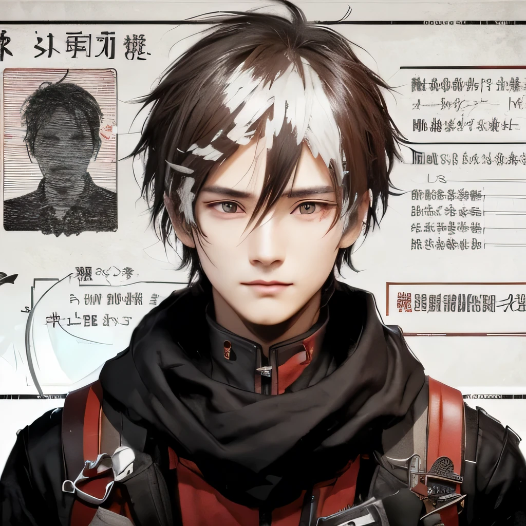 create an open identity passport in a dystopian apocalyptic era using Chinese languages of a handsome black hair anime style 22 years old guy wearing red and brown dystopian survivor clothes, he has brown eyes.