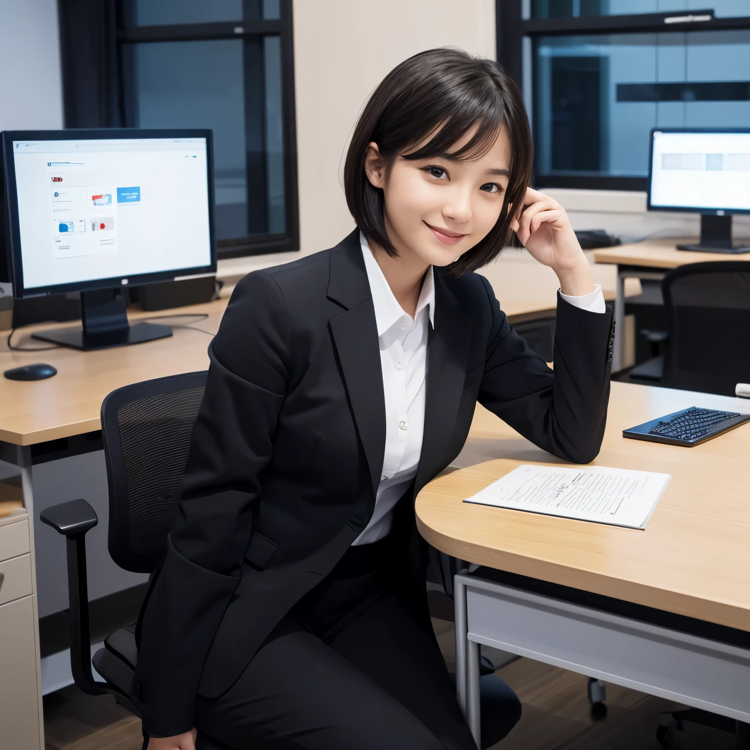 Best-quality, Masterpiece, Ultra-High-Resolution, (Photorealistic:1.4), Raw-Photo, at midnight, in office, 1girl, -yeld, thost famous Japanese idol, selfie, sitting on business-chair, innocent-smile, extremely cute face, extremely beautiful big-black-eyes, extremely beautiful black-short-cut-hair, wearing business-suit,
detailed office, detailed business-desk, detailed PC, detailed keyboard, detailed track-bowl, detailed multi-monitor